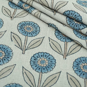 Blue Peach Floral Hand Block Print Pure Linen Fabric - Gandapushp