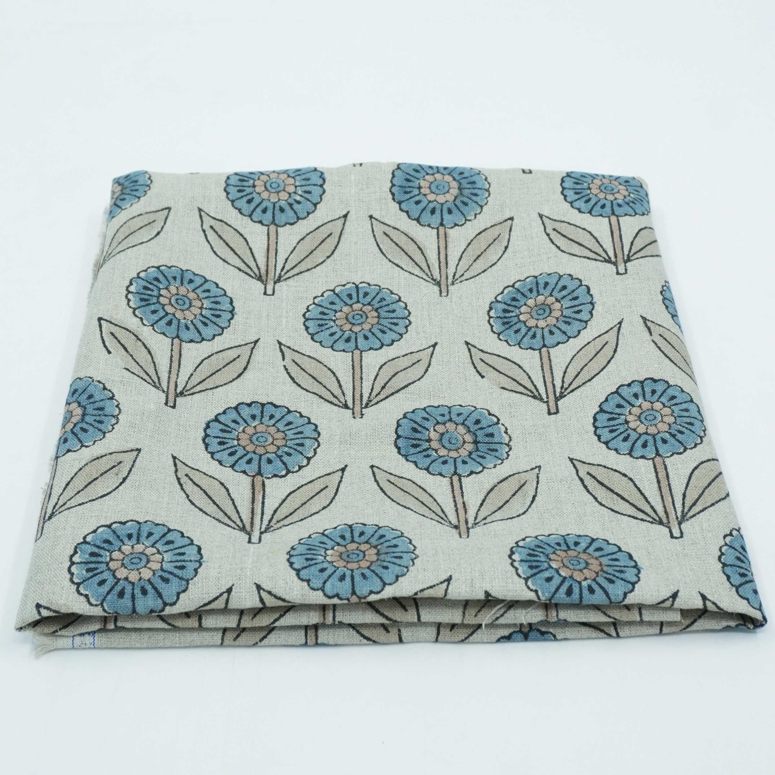 Blue Peach Floral Hand Block Print Pure Linen Fabric - Gandapushp
