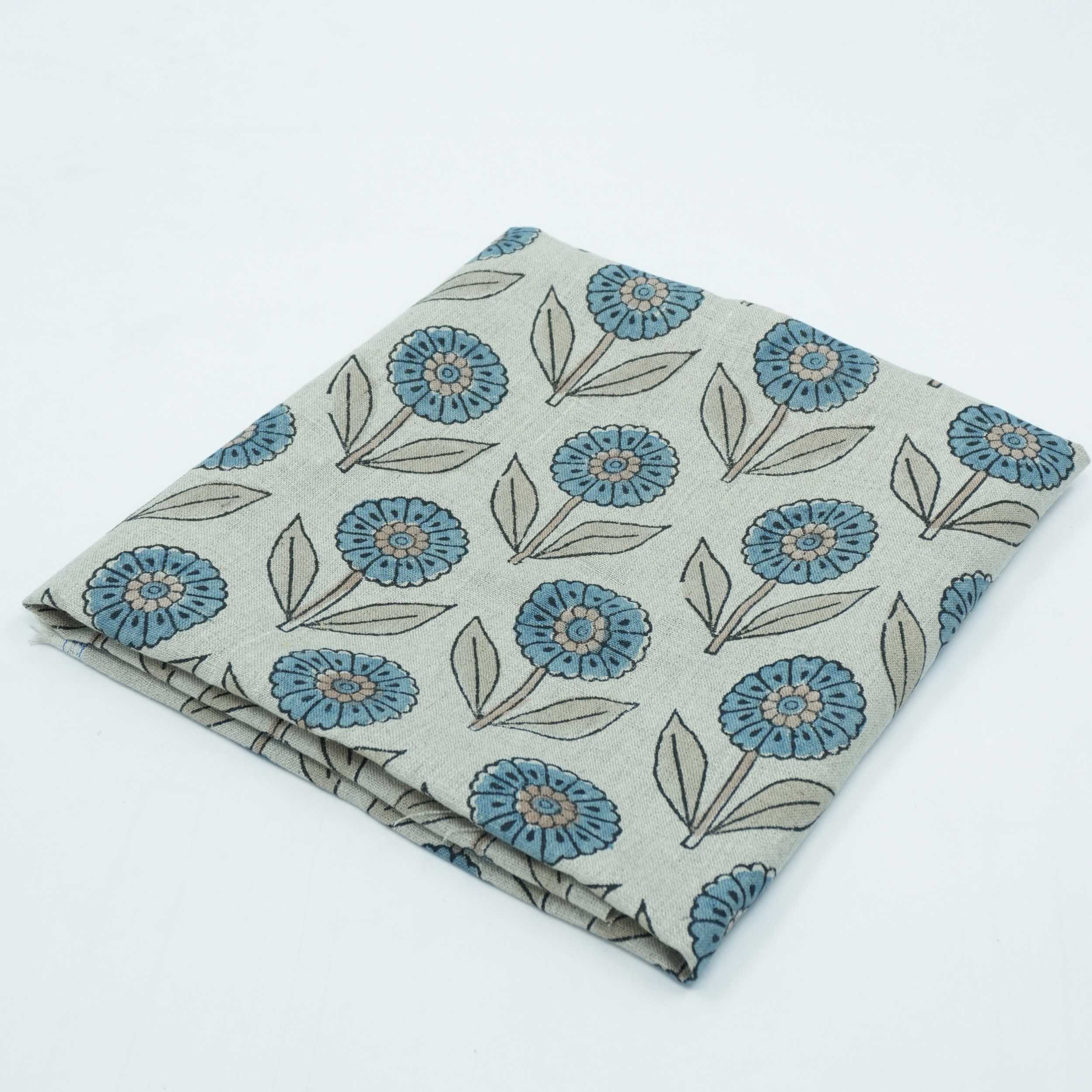 Blue Peach Floral Hand Block Print Pure Linen Fabric - Gandapushp