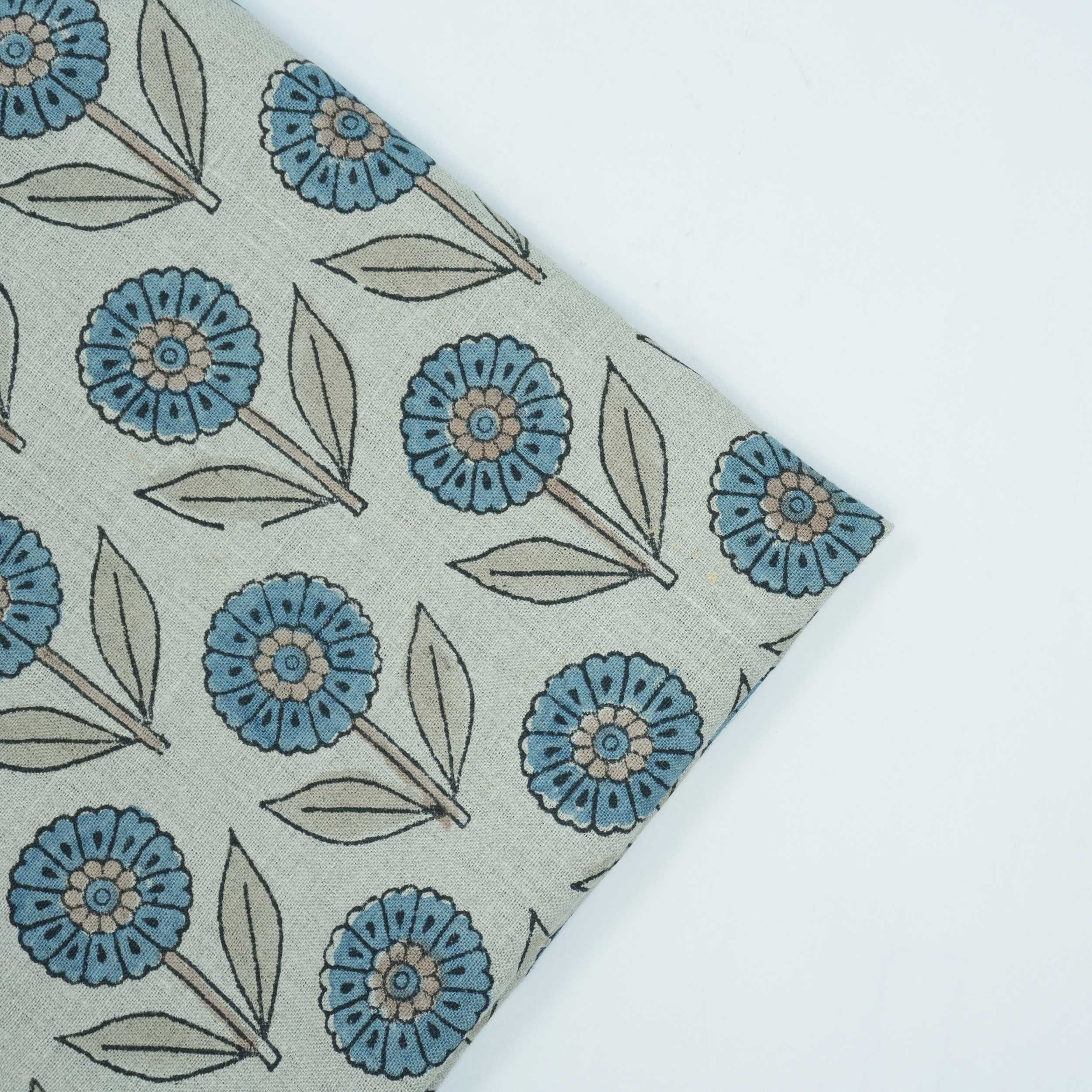 Blue Peach Floral Hand Block Print Pure Linen Fabric - Gandapushp