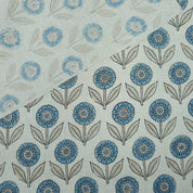 Blue Peach Floral Hand Block Print Pure Linen Fabric - Gandapushp
