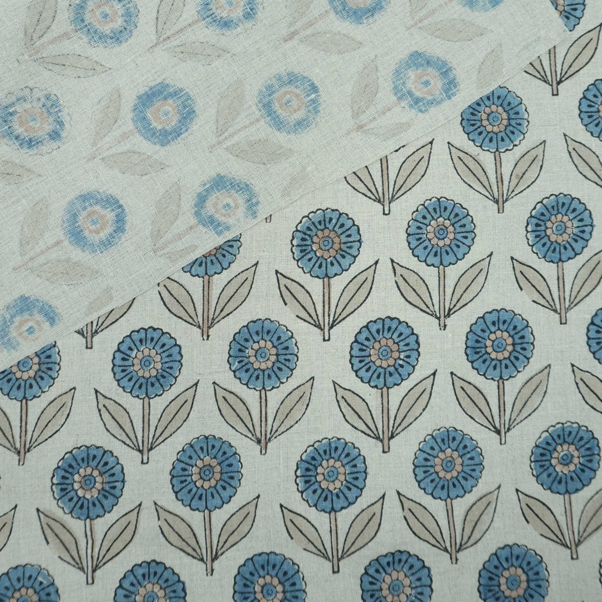 Blue Peach Floral Hand Block Print Pure Linen Fabric - Gandapushp