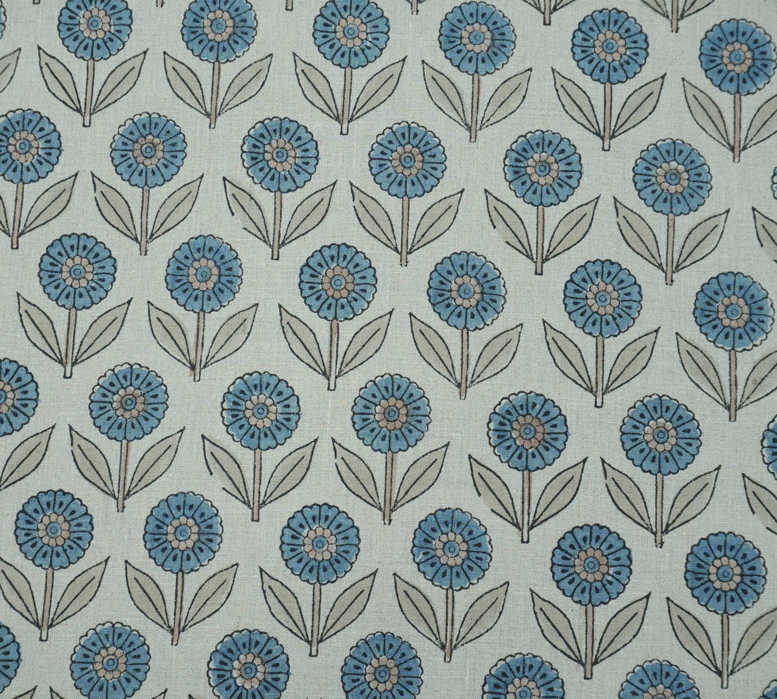Blue Peach Floral Hand Block Print Pure Linen Fabric - Gandapushp