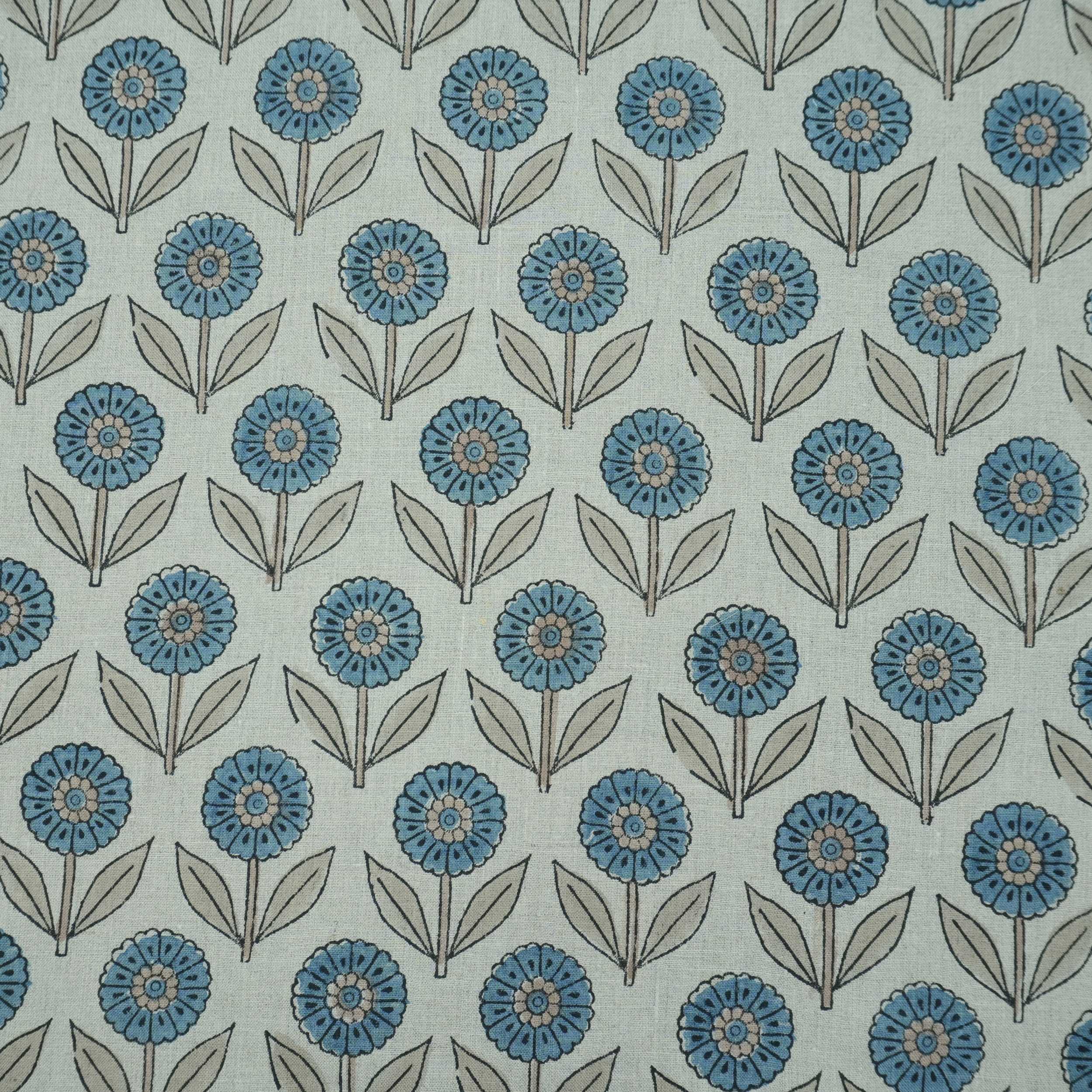 Blue Peach Floral Hand Block Print Pure Linen Fabric - Gandapushp