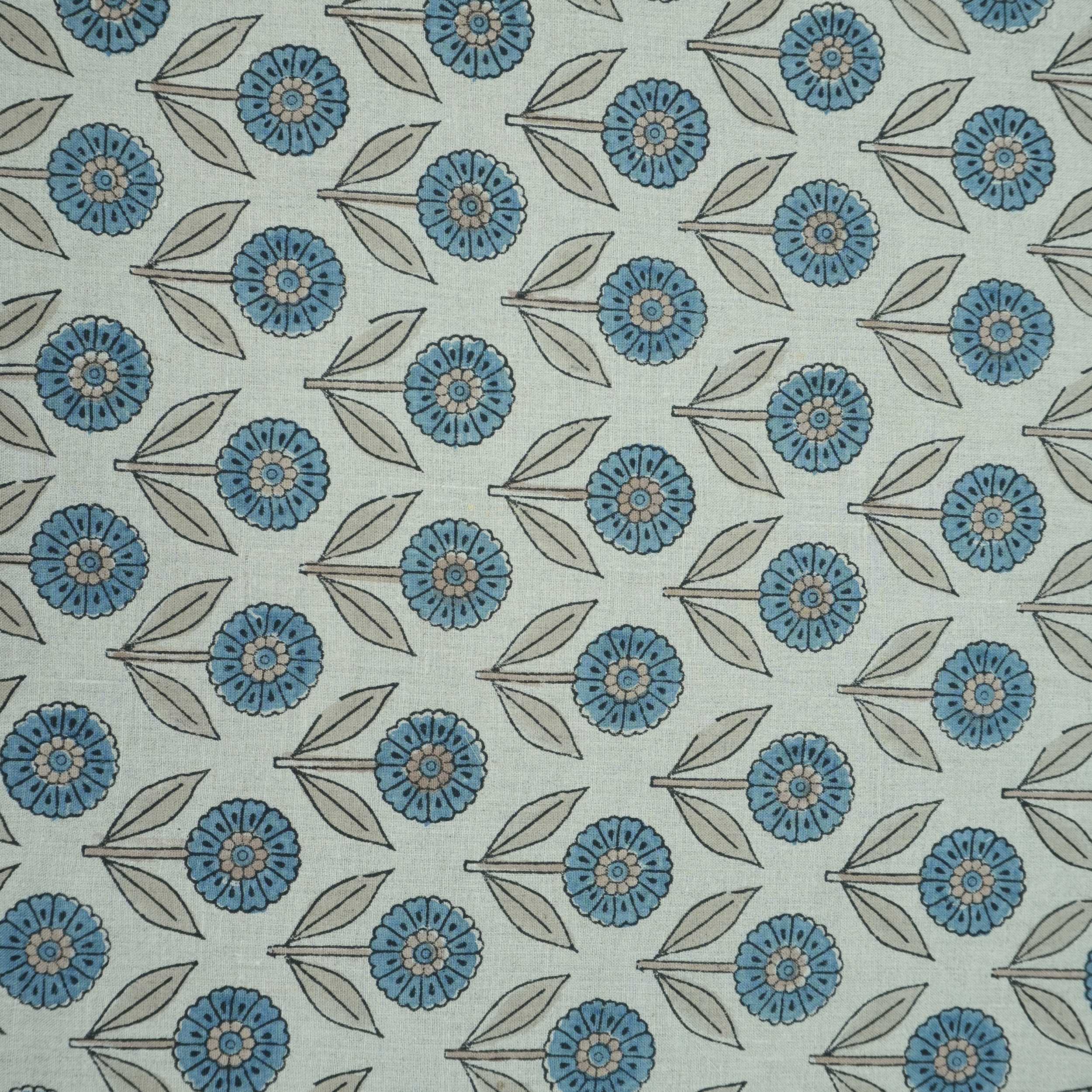 Blue Peach Floral Hand Block Print Pure Linen Fabric - Gandapushp
