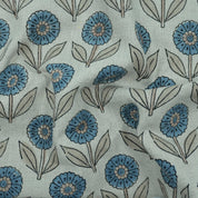 Blue Peach Floral Hand Block Print Pure Linen Fabric - Gandapushp
