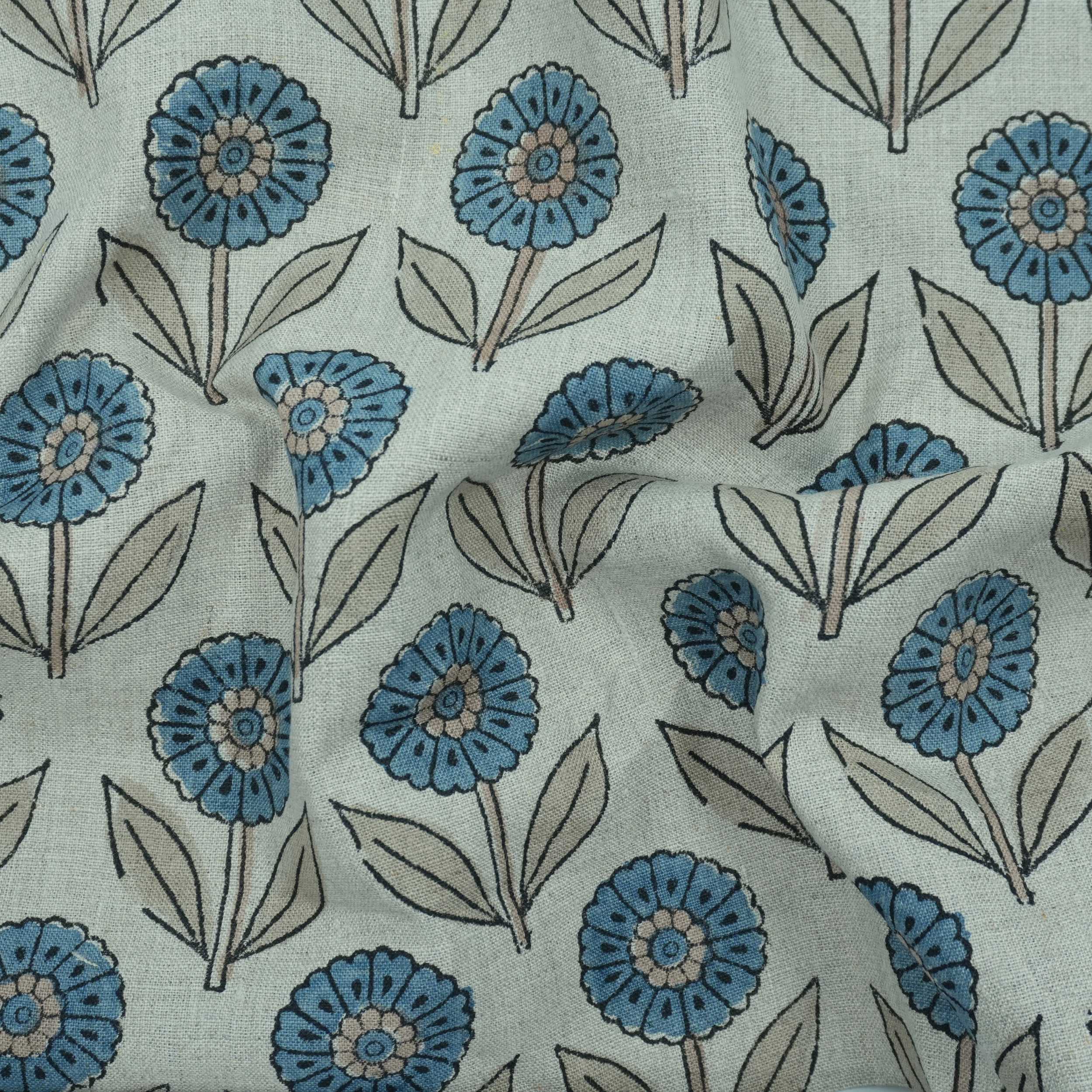 Blue Peach Floral Hand Block Print Pure Linen Fabric - Gandapushp