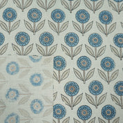 Blue Peach Floral Hand Block Print Pure Linen Fabric - Gandapushp