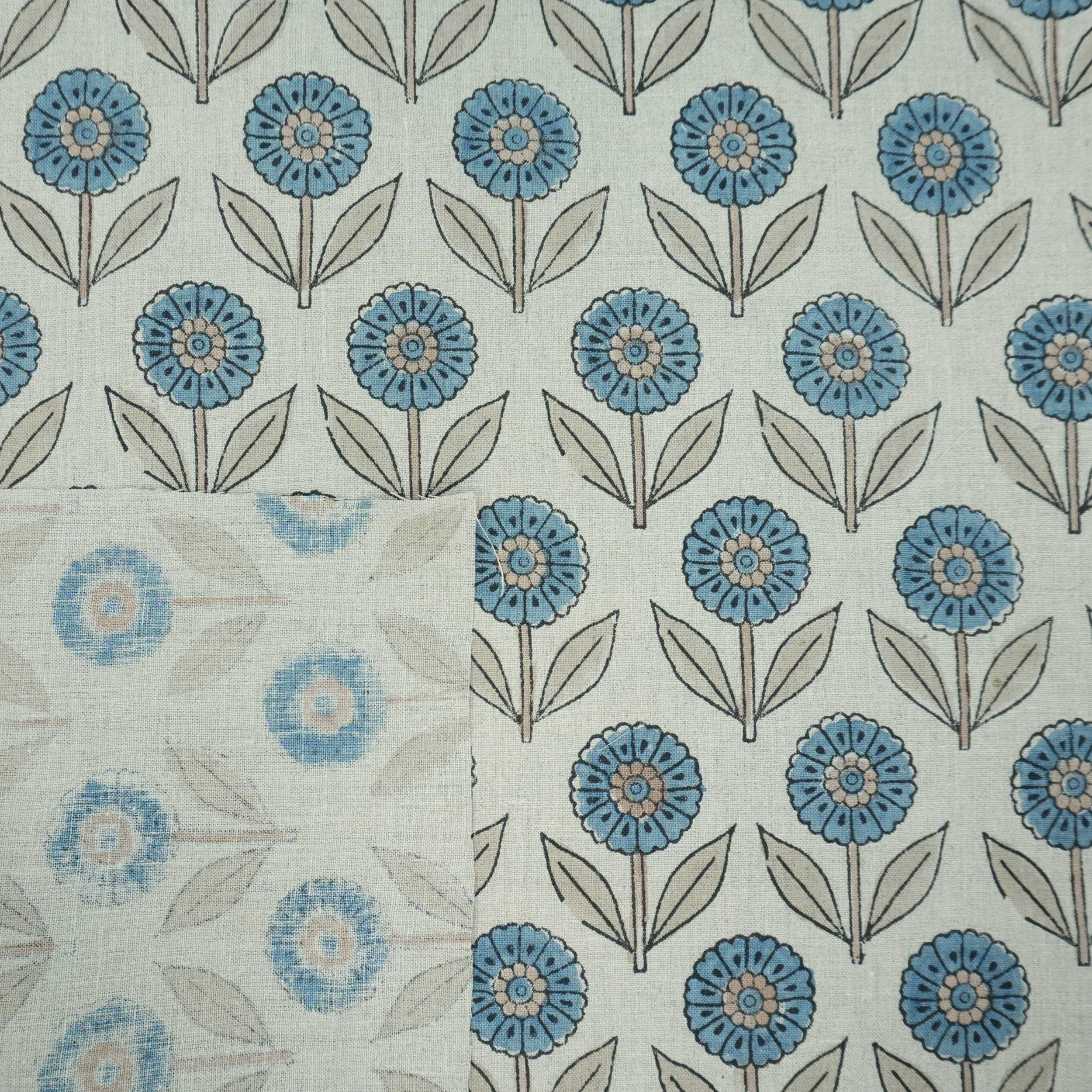 Blue Peach Floral Hand Block Print Pure Linen Fabric - Gandapushp