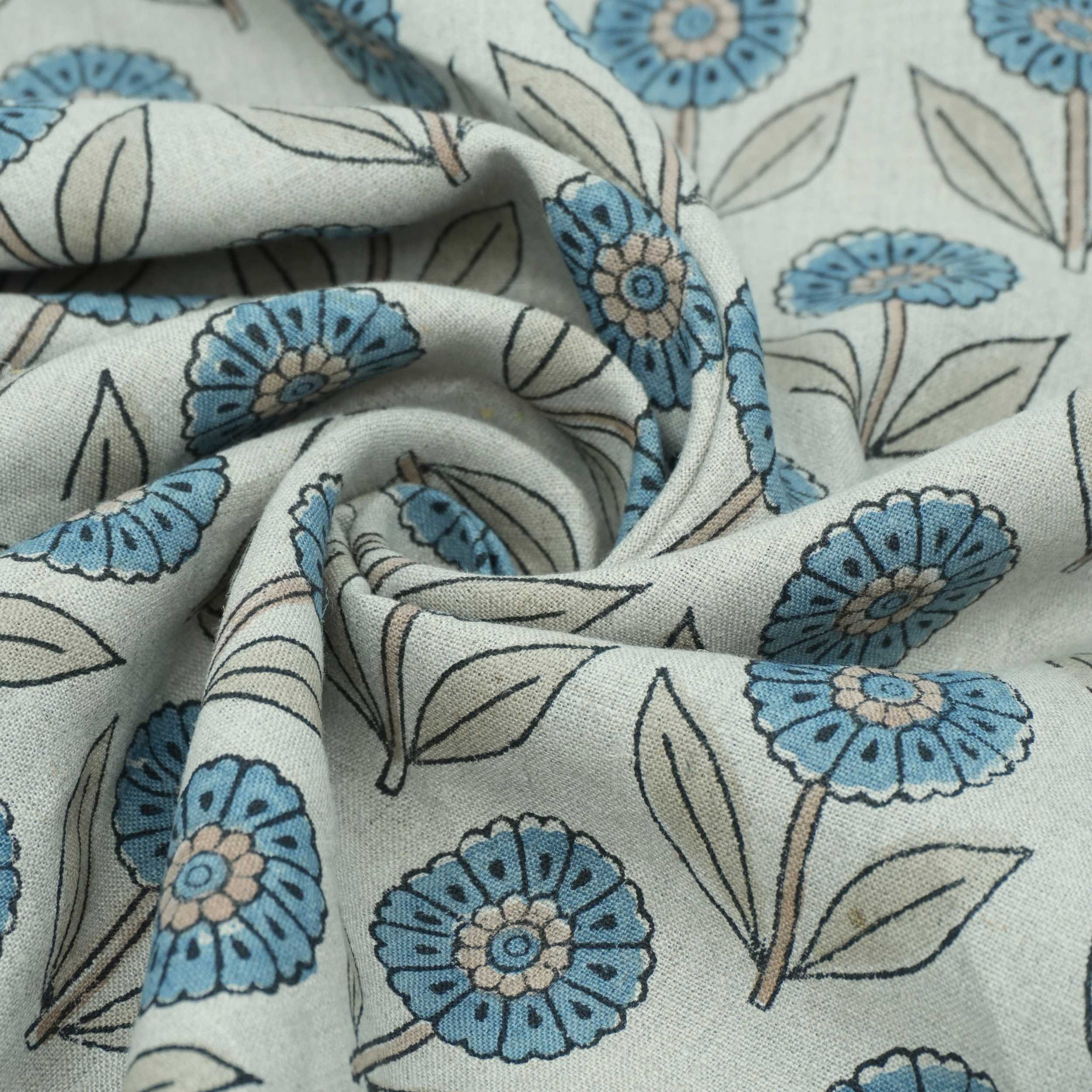 Blue Peach Floral Hand Block Print Pure Linen Fabric - Gandapushp