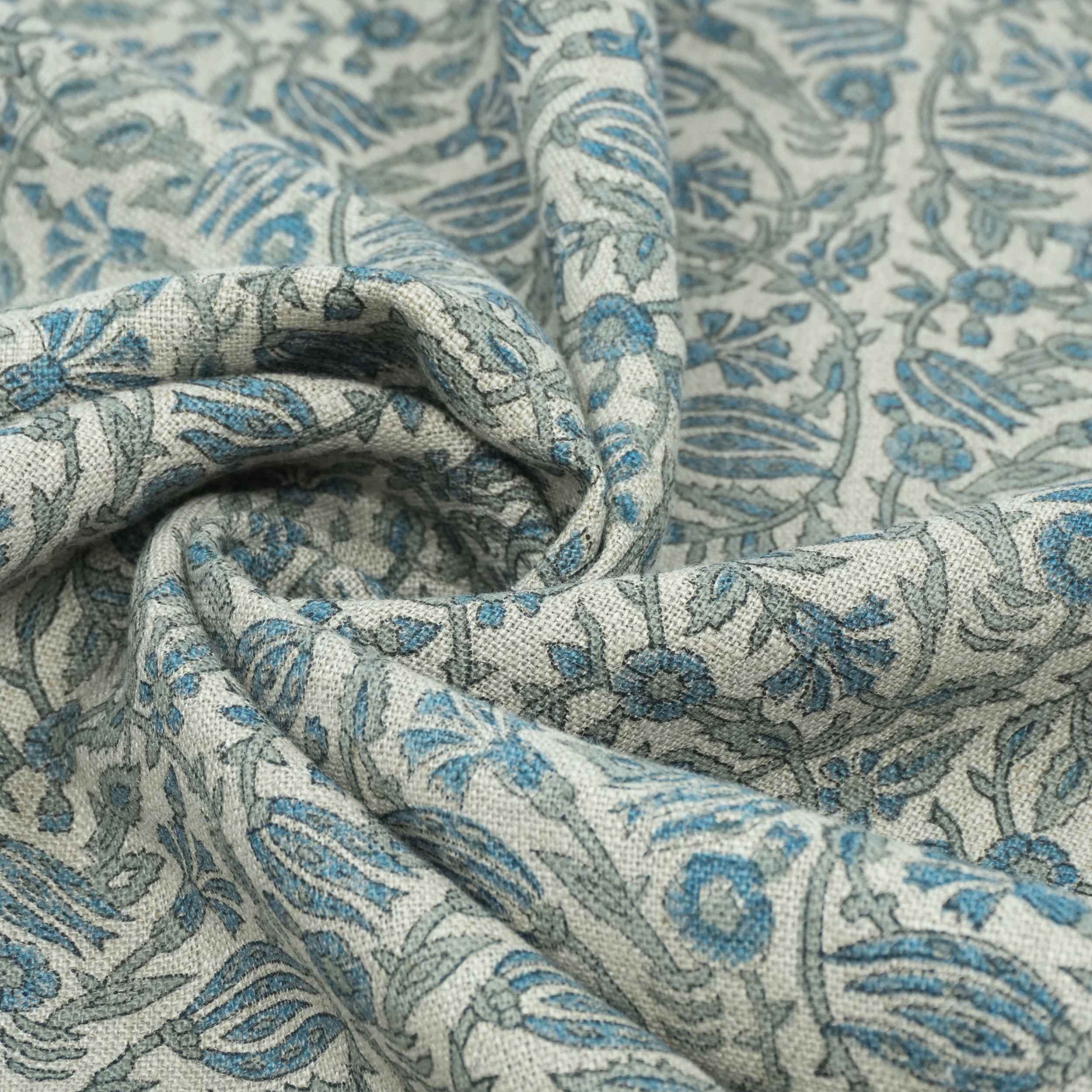 Handmade Ker Sangari Blue Floral Linen Upholstery Fabric
