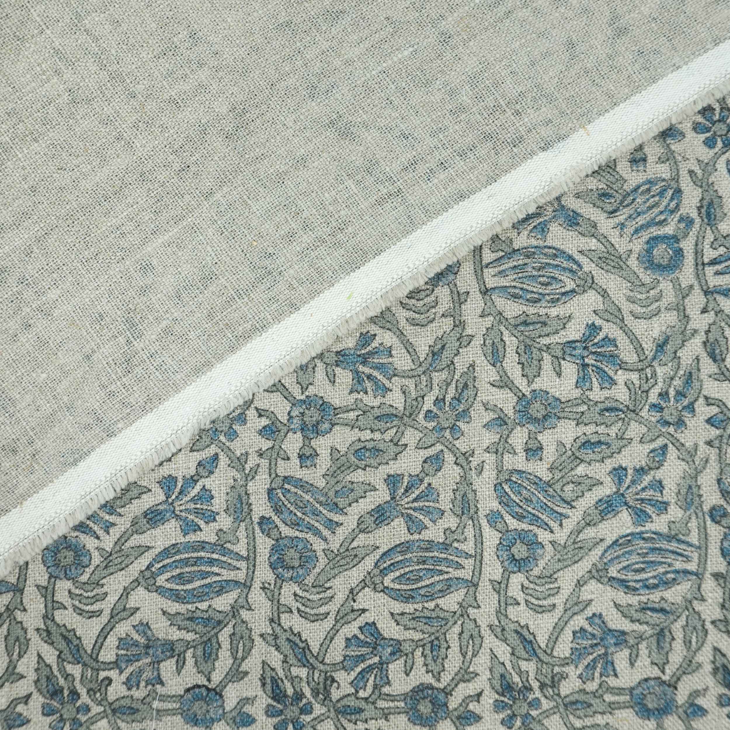 Handmade Ker Sangari Blue Floral Linen Upholstery Fabric