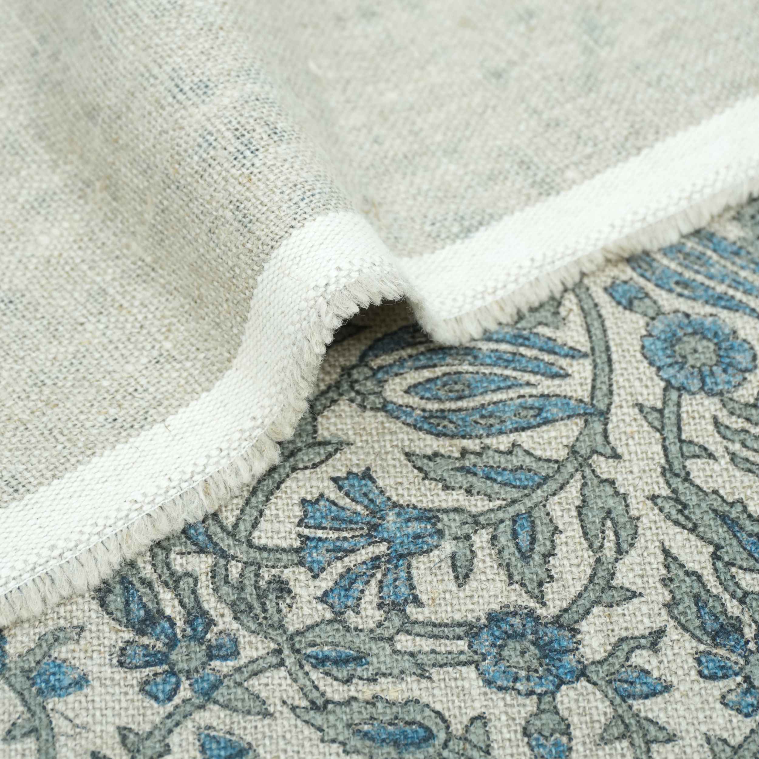 Handmade Ker Sangari Blue Floral Linen Upholstery Fabric