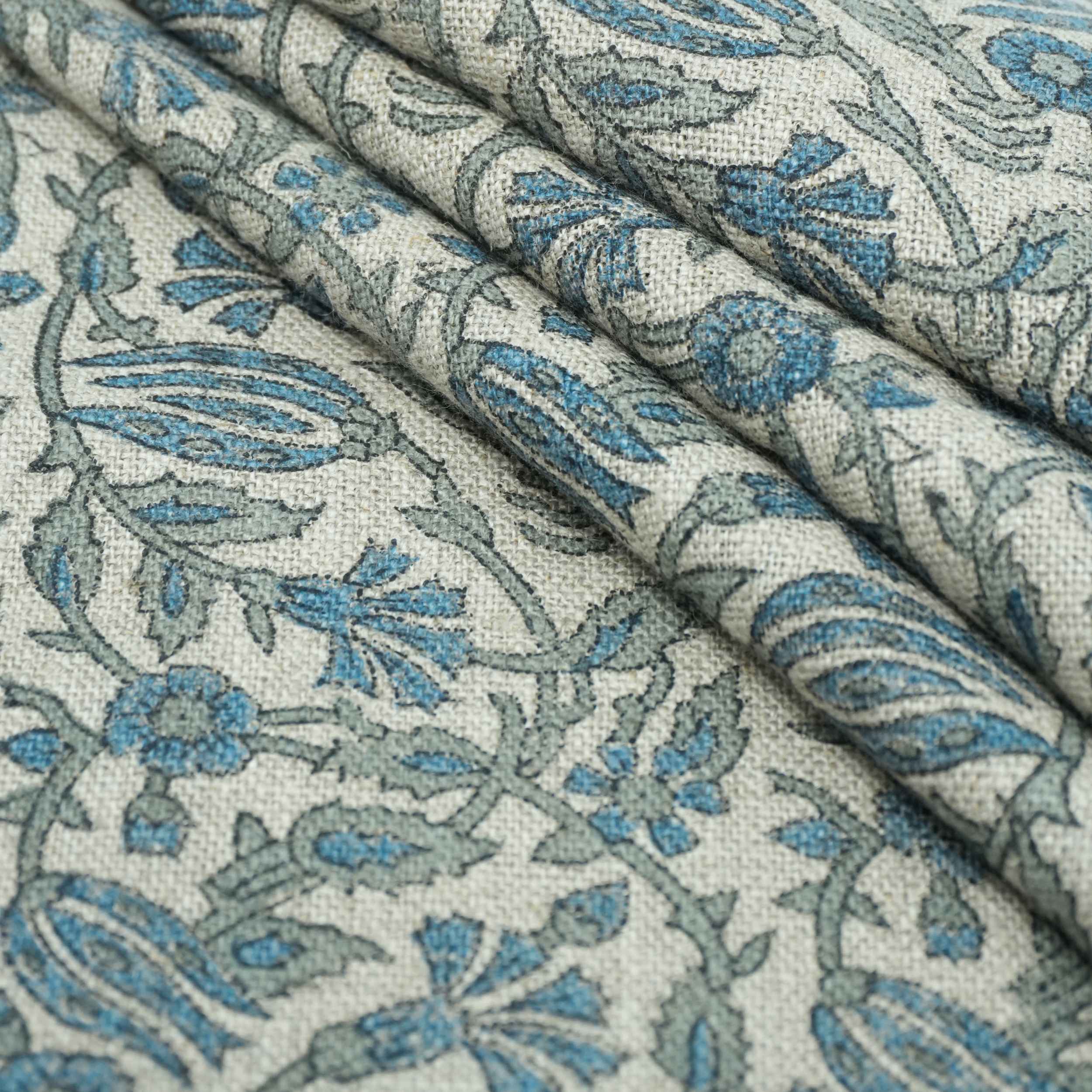Handmade Ker Sangari Blue Floral Linen Upholstery Fabric