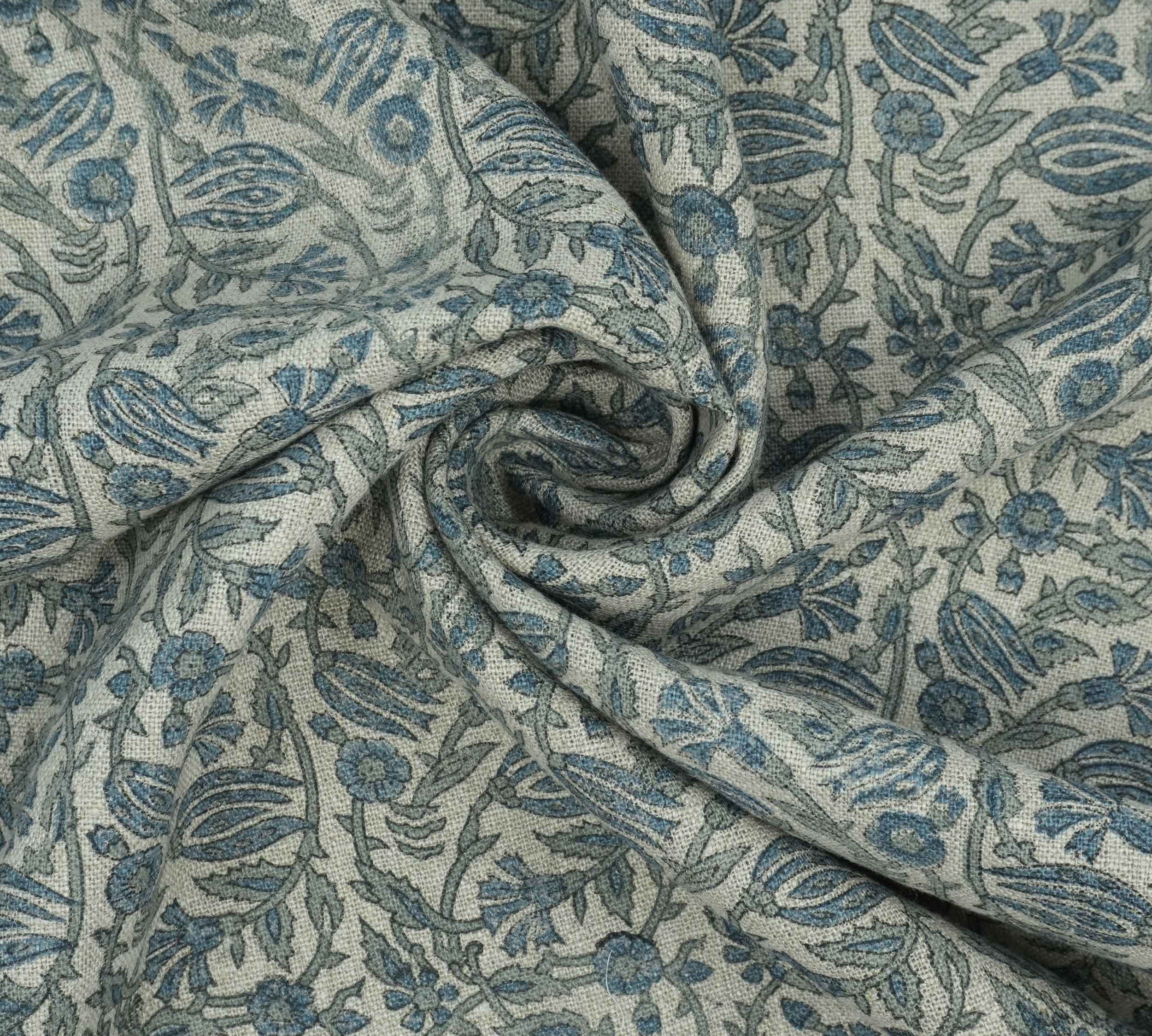 Handmade Ker Sangari Blue Floral Linen Upholstery Fabric