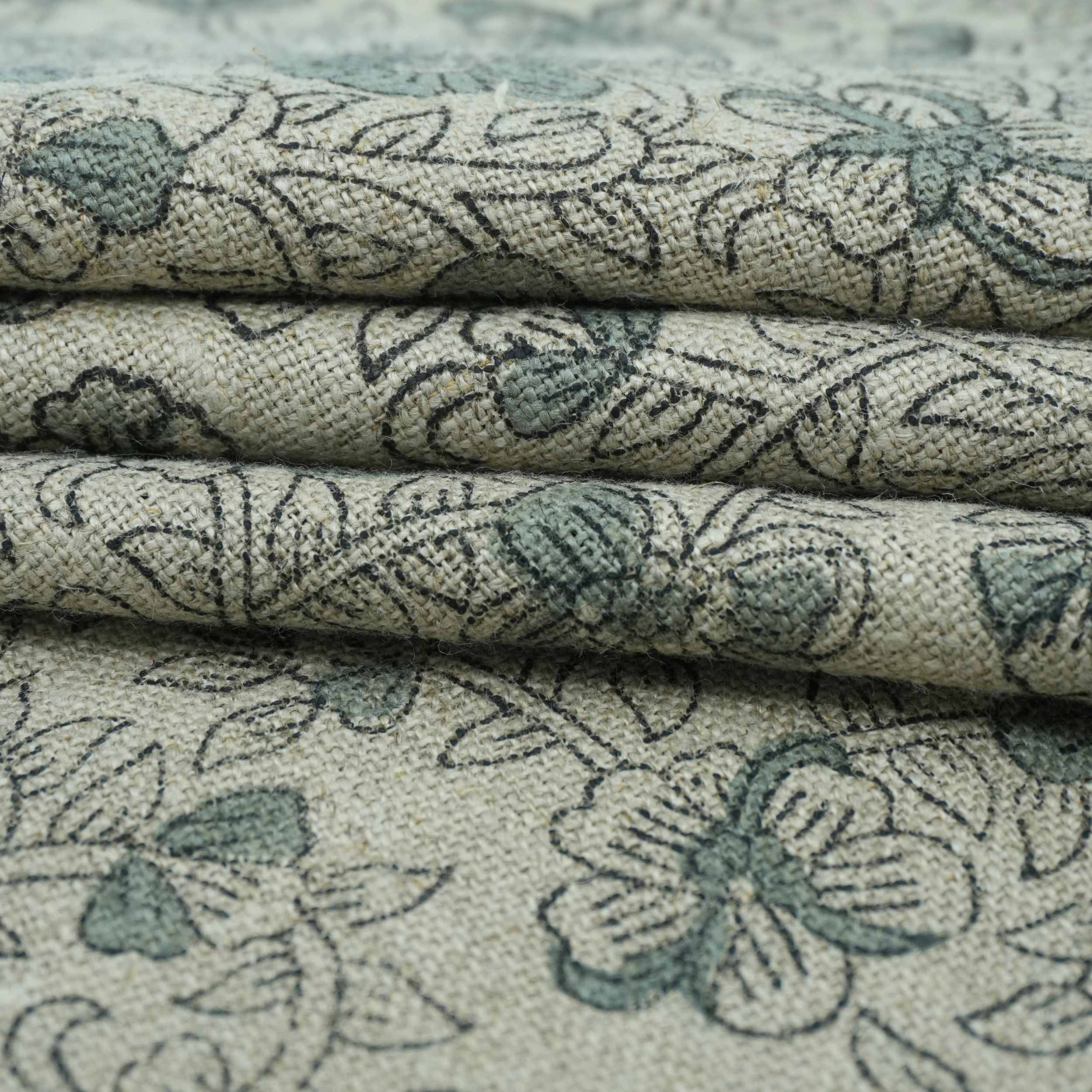 Blue Black Floral Block Print Thick Linen Fabric - Saundarya