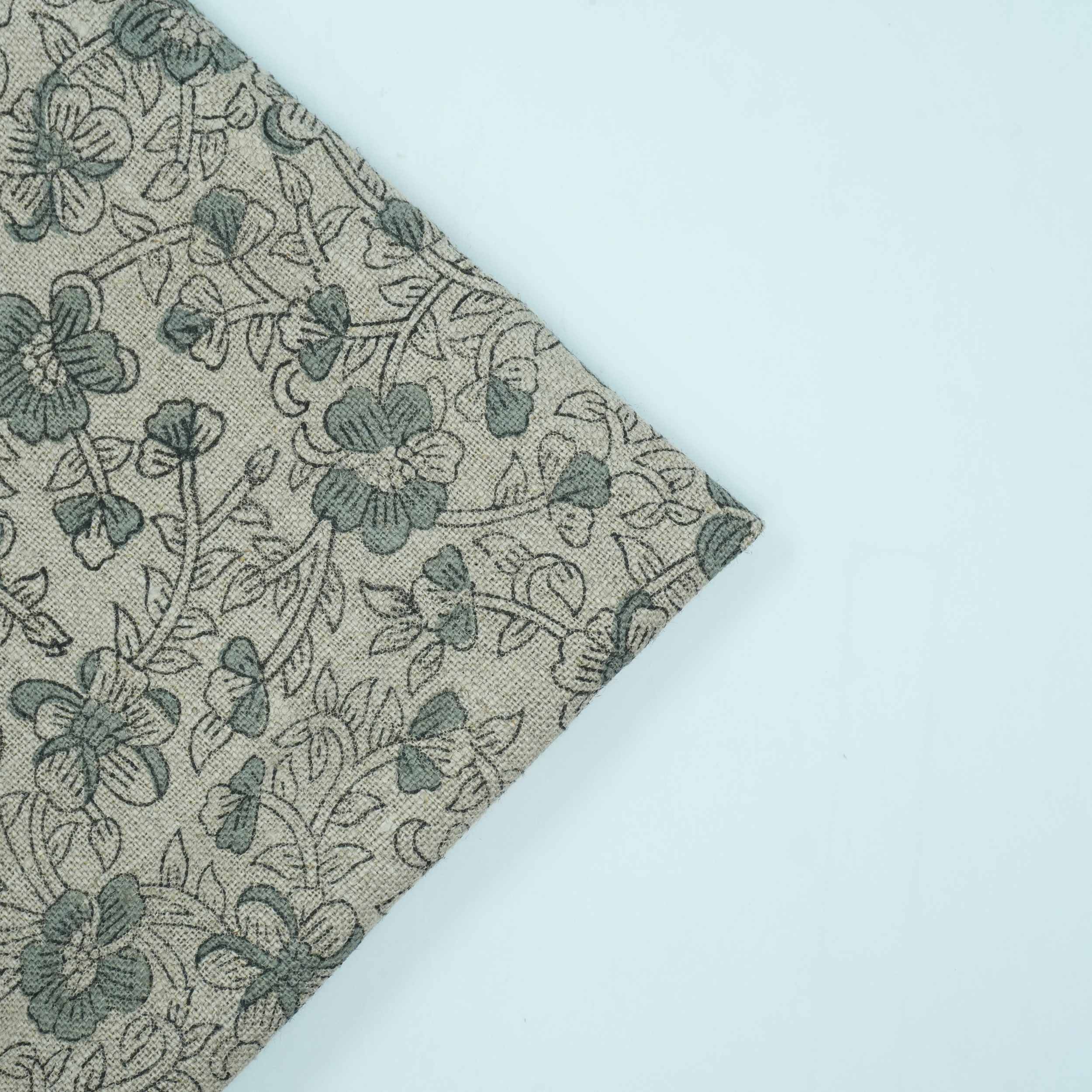 Blue Black Floral Block Print Thick Linen Fabric - Saundarya