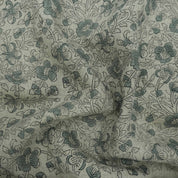 Blue Black Floral Block Print Thick Linen Fabric - Saundarya