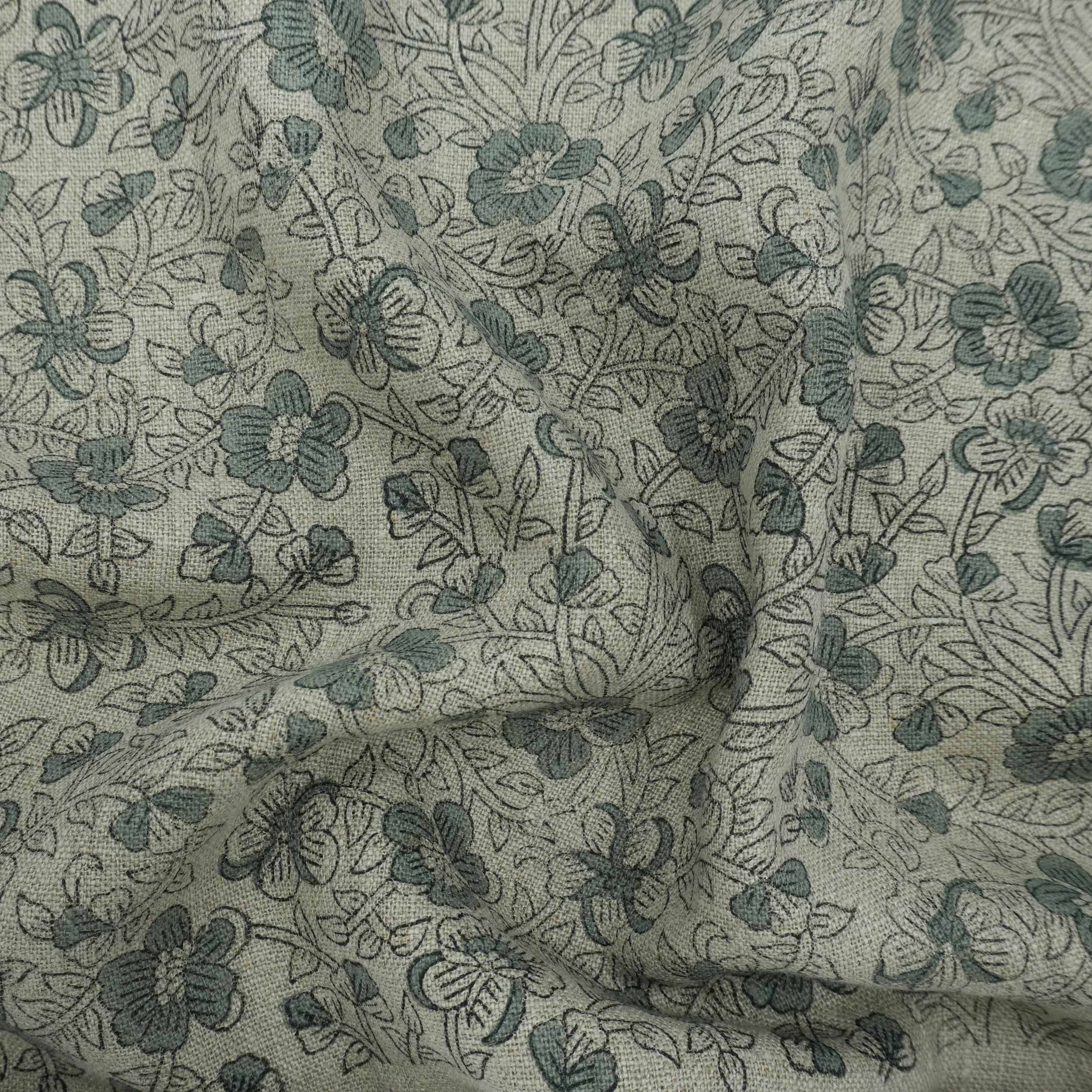 Blue Black Floral Block Print Thick Linen Fabric - Saundarya