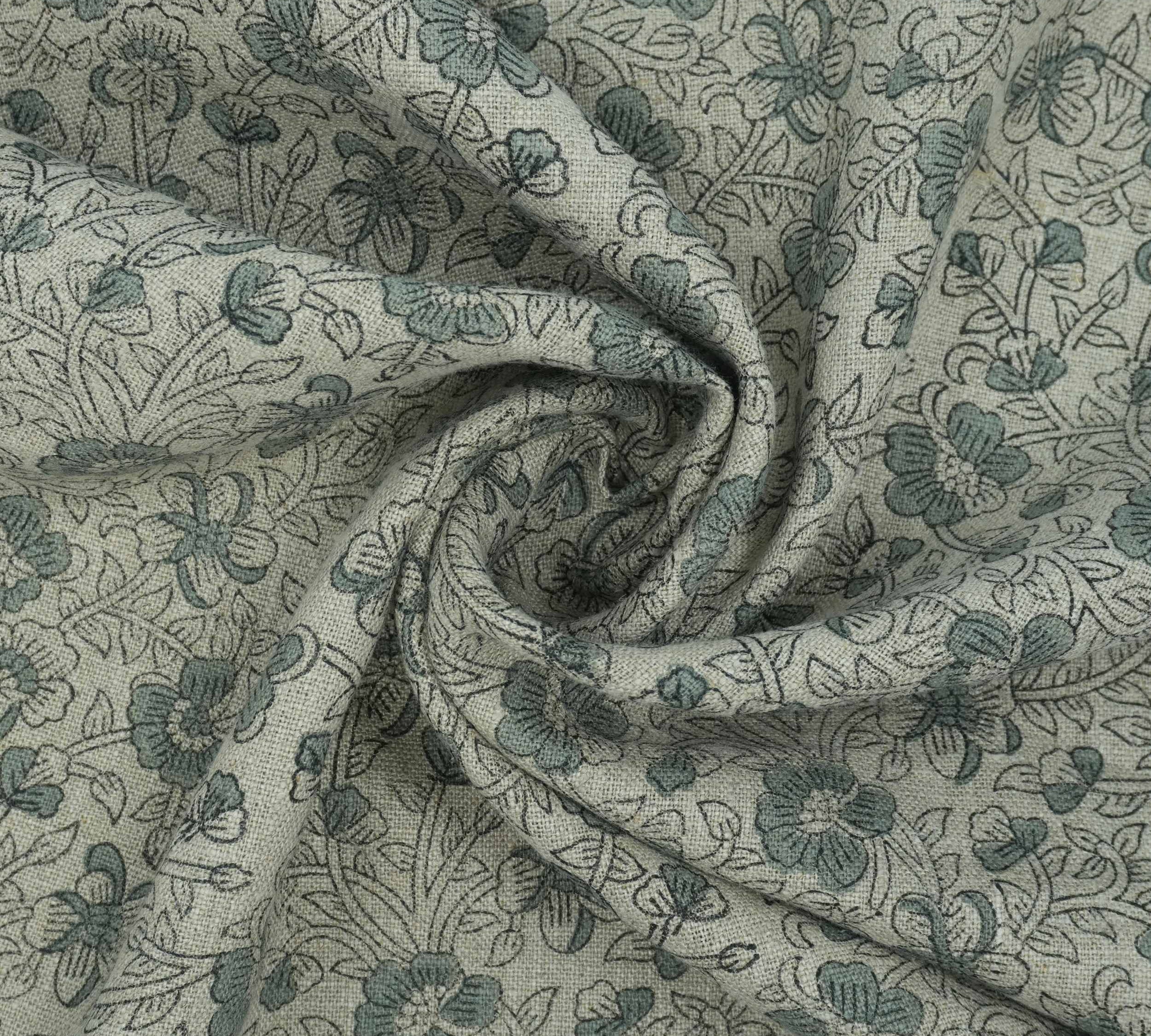 Blue Black Floral Block Print Thick Linen Fabric - Saundarya