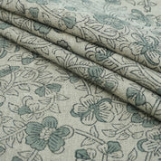 Blue Black Floral Block Print Thick Linen Fabric - Saundarya