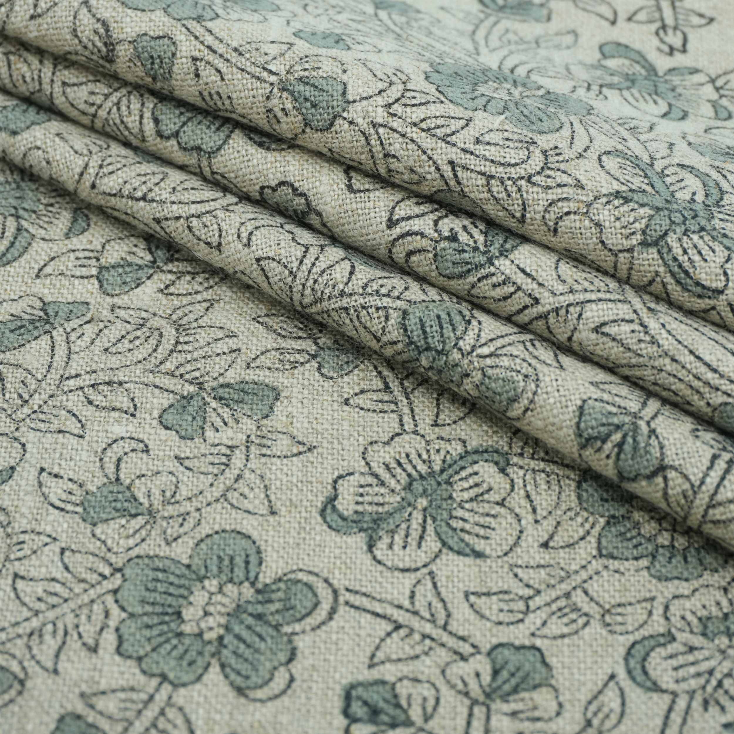 Blue Black Floral Block Print Thick Linen Fabric - Saundarya