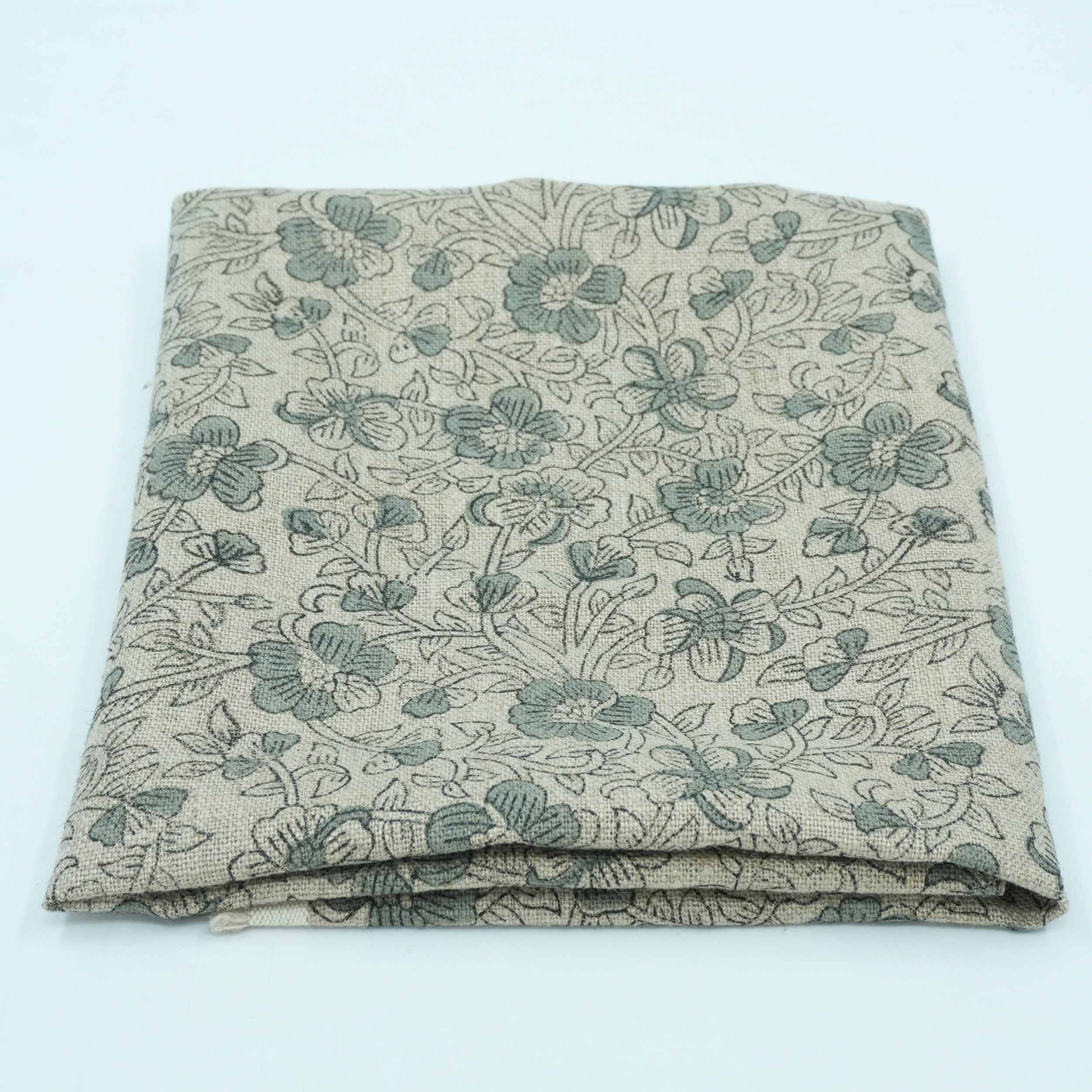 Blue Black Floral Block Print Thick Linen Fabric - Saundarya
