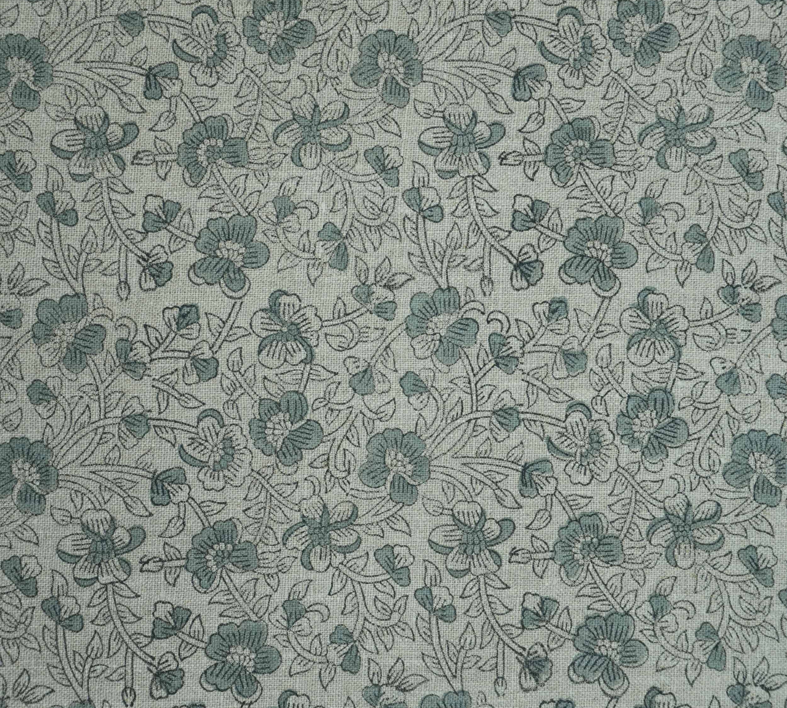 Blue Black Floral Block Print Thick Linen Fabric - Saundarya