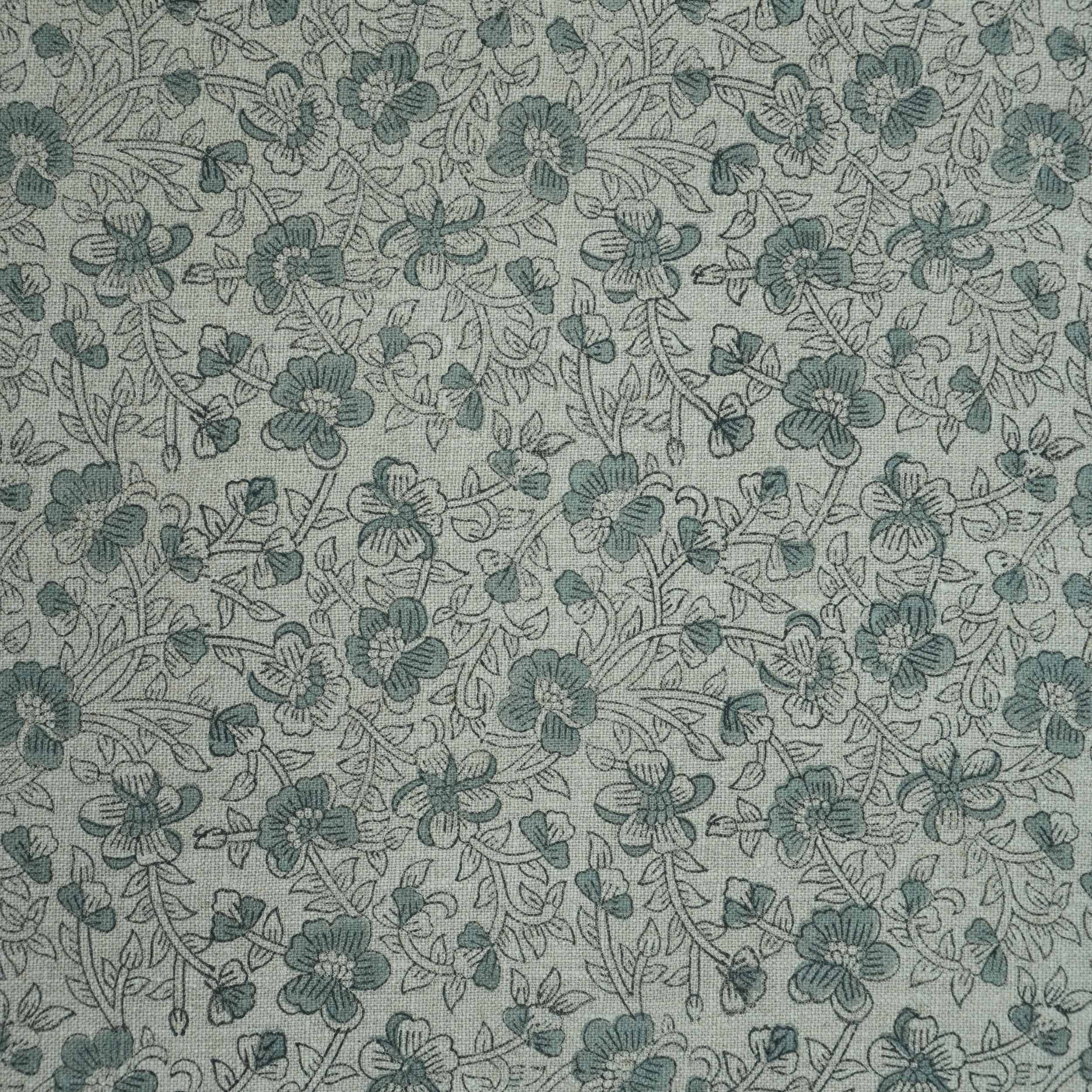 Blue Black Floral Block Print Thick Linen Fabric - Saundarya