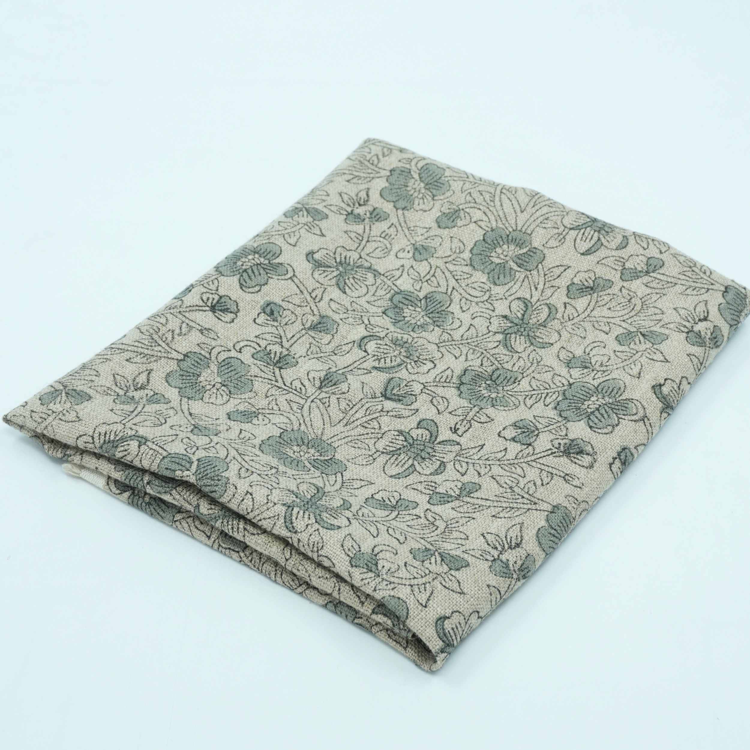 Blue Black Floral Block Print Thick Linen Fabric - Saundarya