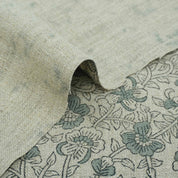 Blue Black Floral Block Print Thick Linen Fabric - Saundarya