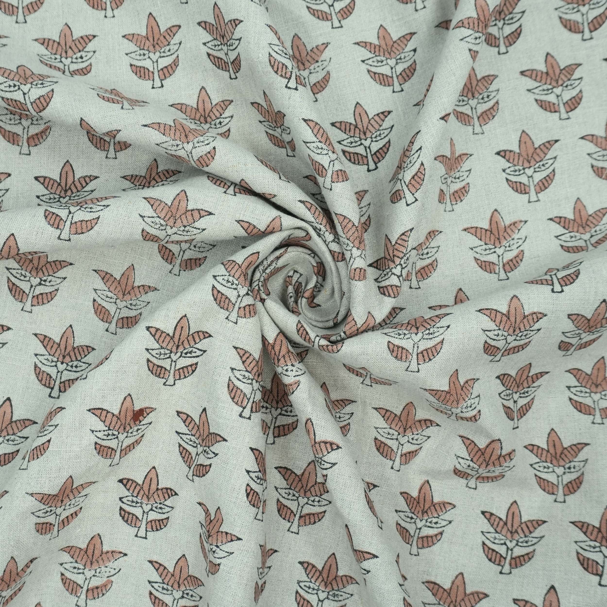 Hand Block Print 7 Patti Brown Floral Pure Linen Fabric