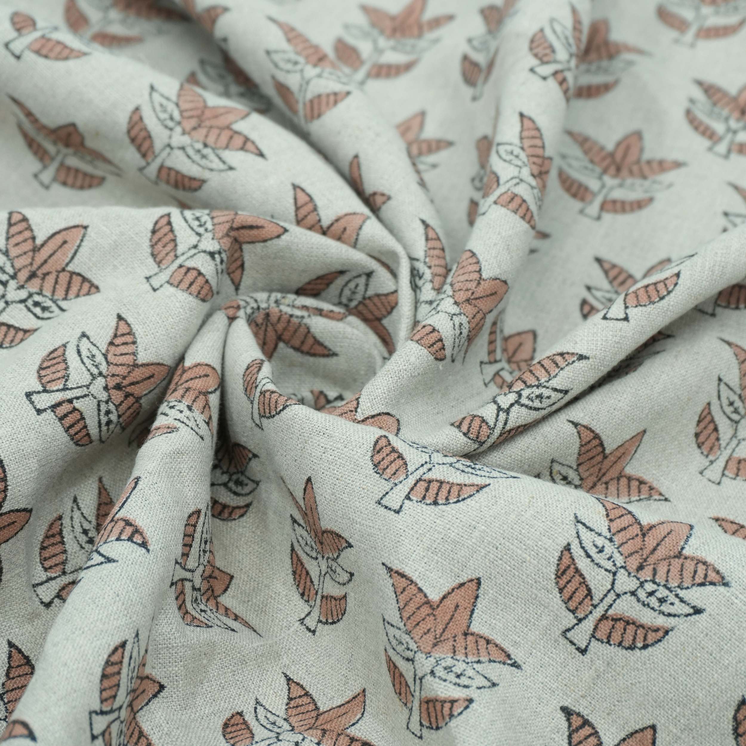 Hand Block Print 7 Patti Brown Floral Pure Linen Fabric
