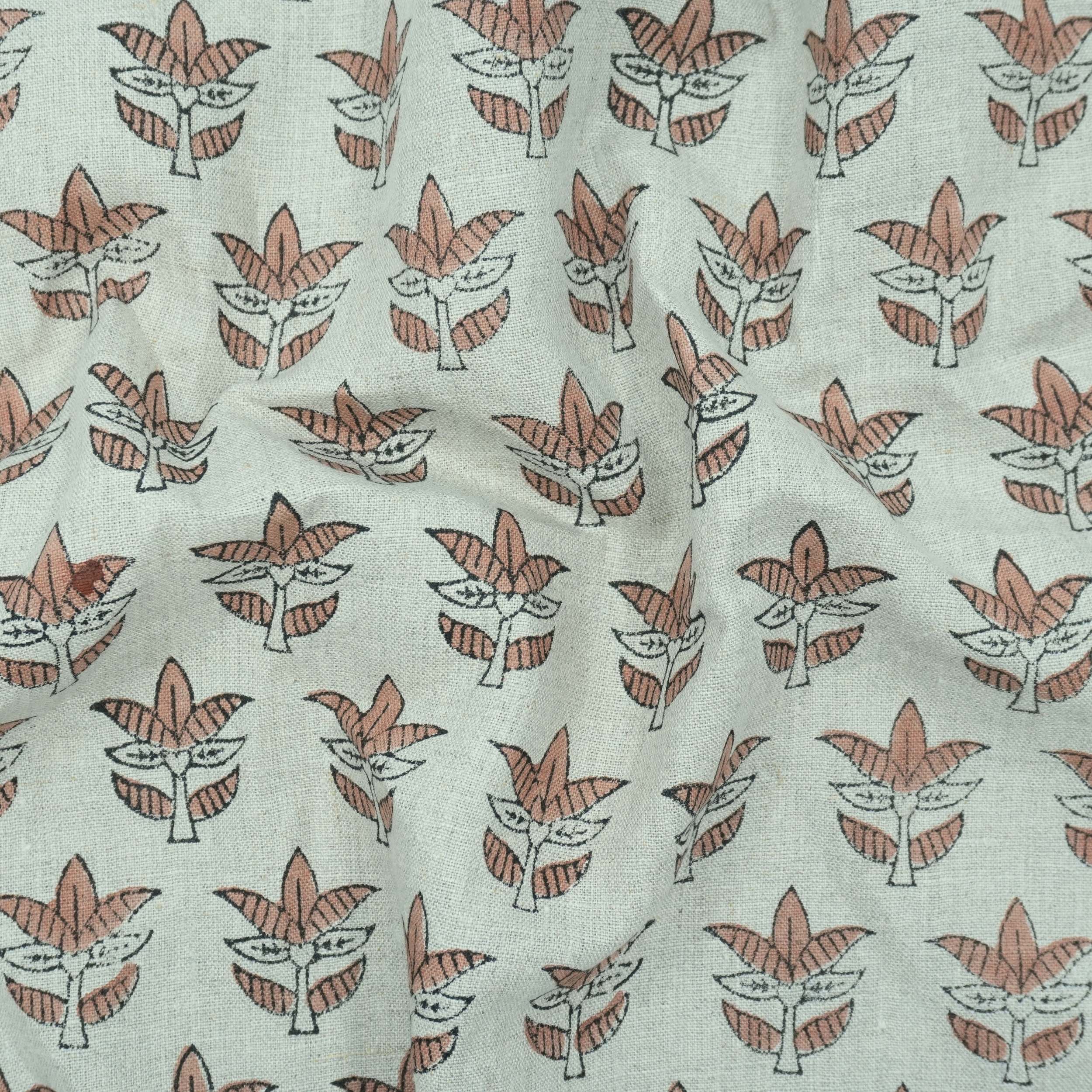 Hand Block Print 7 Patti Brown Floral Pure Linen Fabric