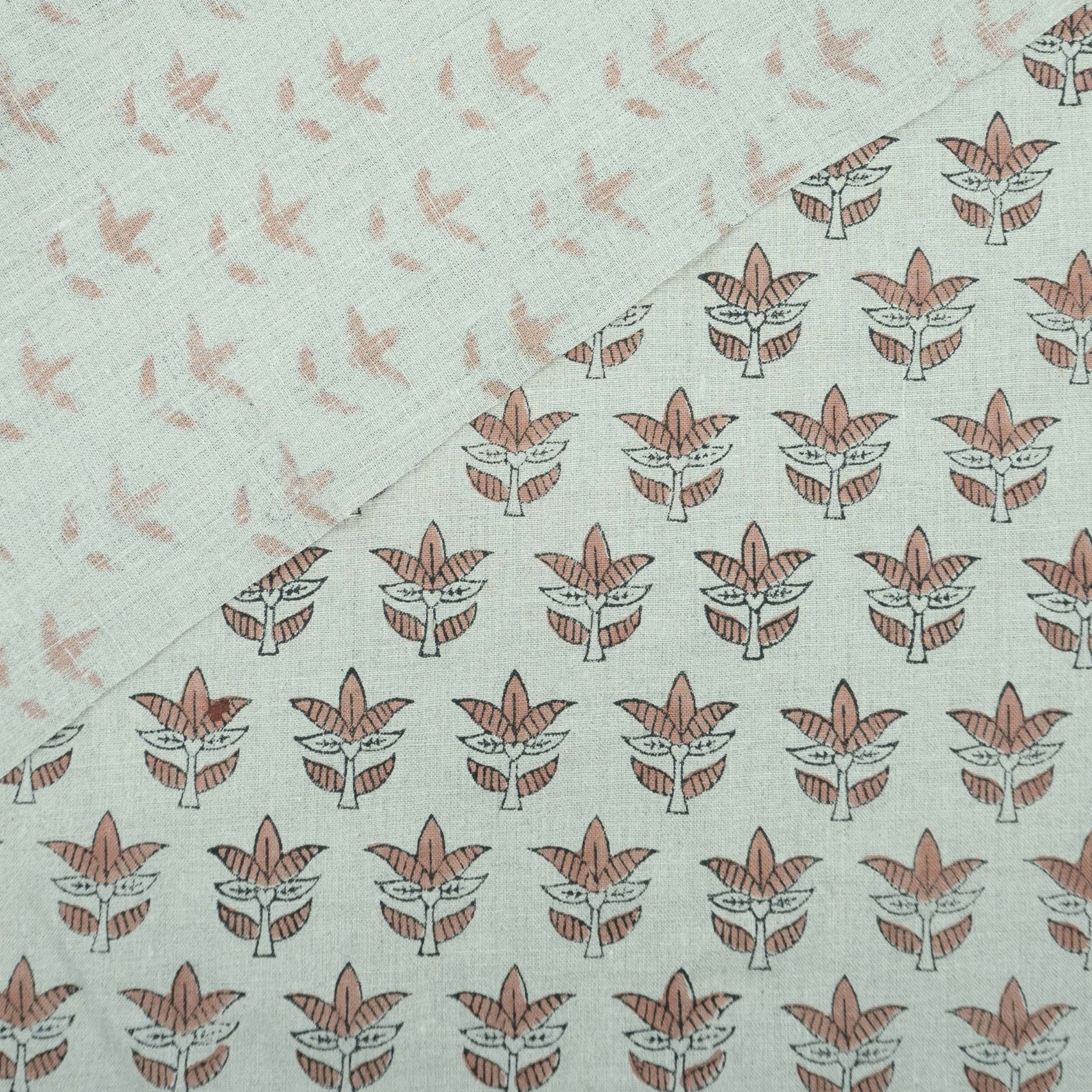 Hand Block Print 7 Patti Brown Floral Pure Linen Fabric