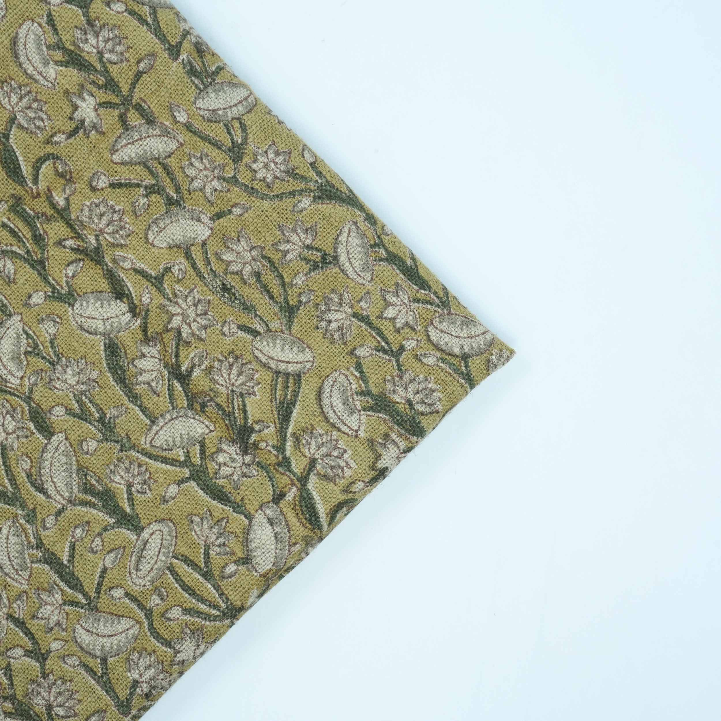 Handmade Heavy Linen Floral Pillow Fabric in Green & Mustard
