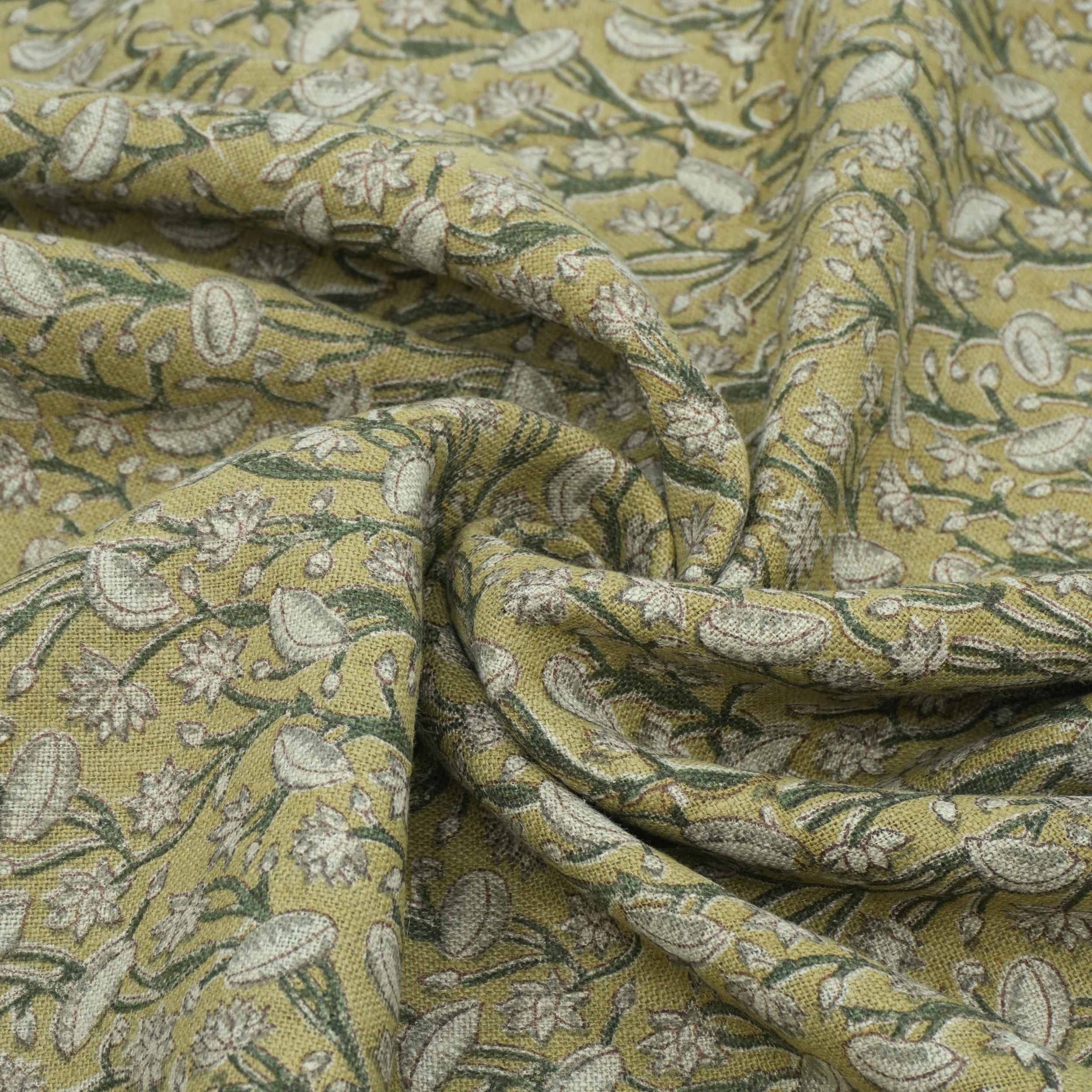 Handmade Heavy Linen Floral Pillow Fabric in Green & Mustard