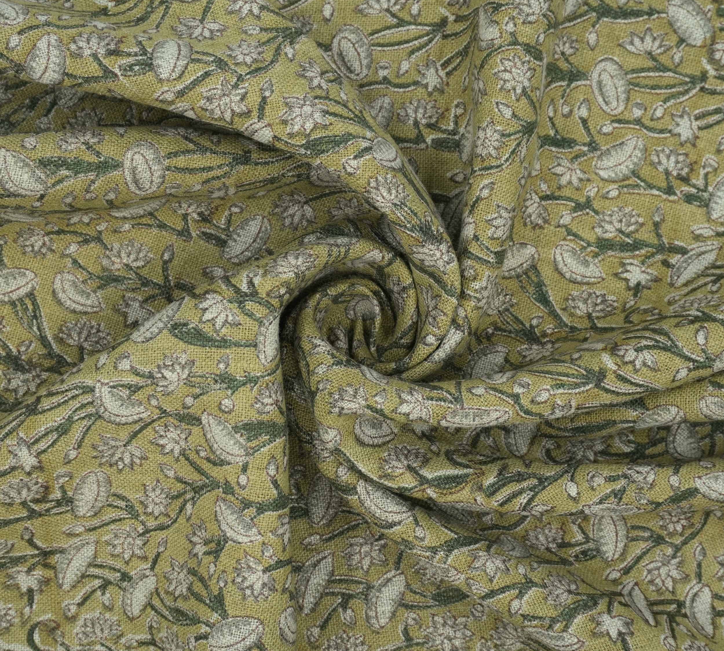 Handmade Heavy Linen Floral Pillow Fabric in Green & Mustard