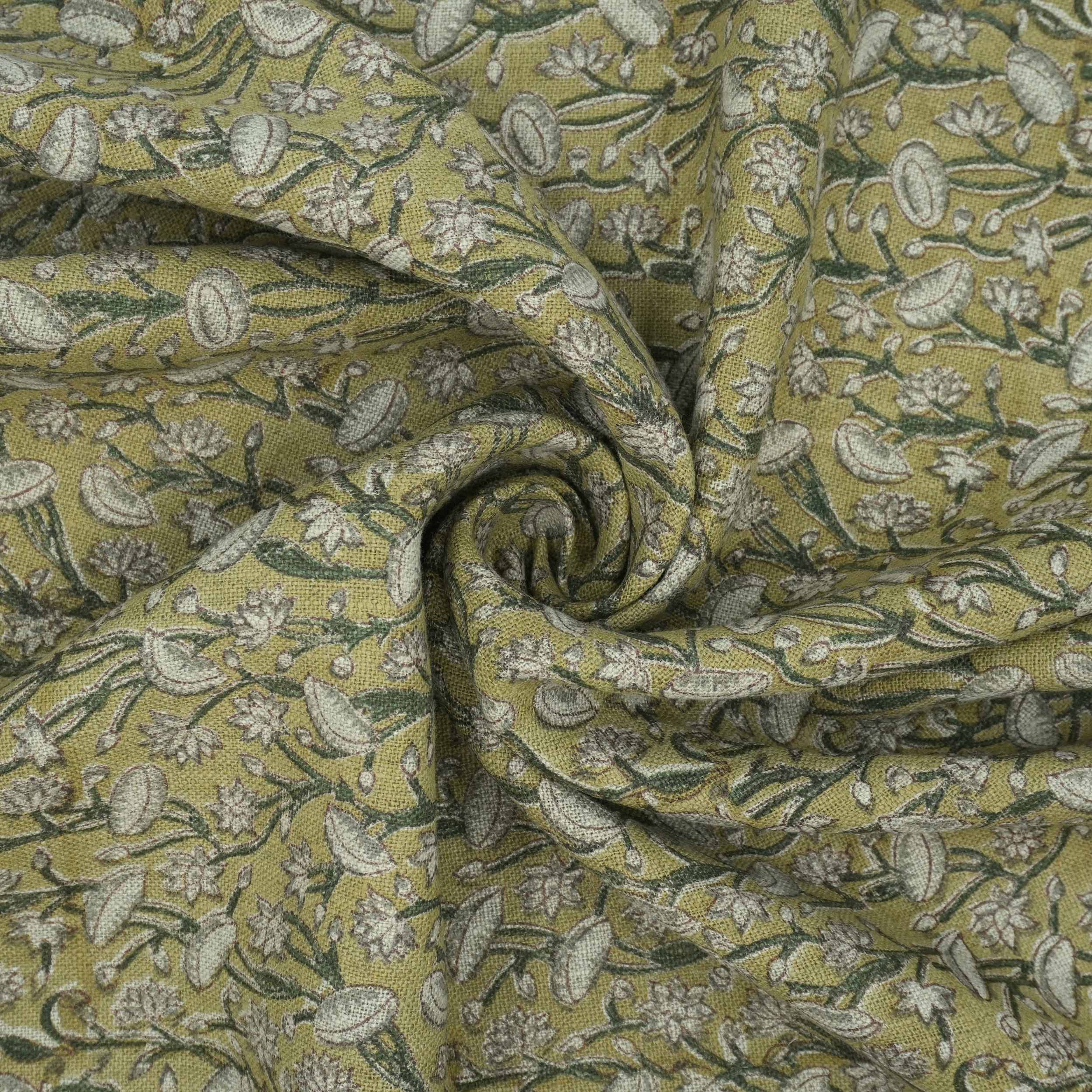 Handmade Heavy Linen Floral Pillow Fabric in Green & Mustard