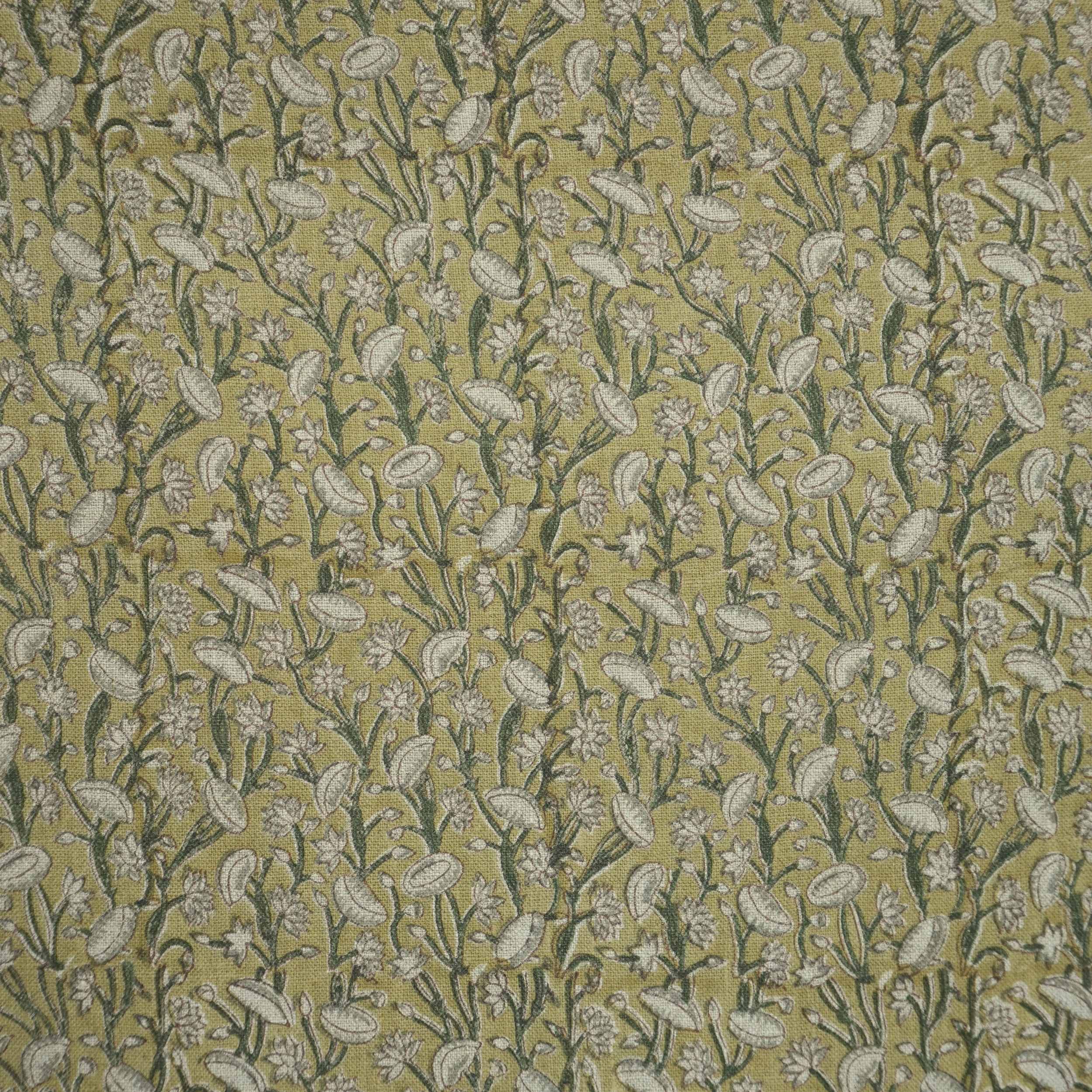 Handmade Heavy Linen Floral Pillow Fabric in Green & Mustard