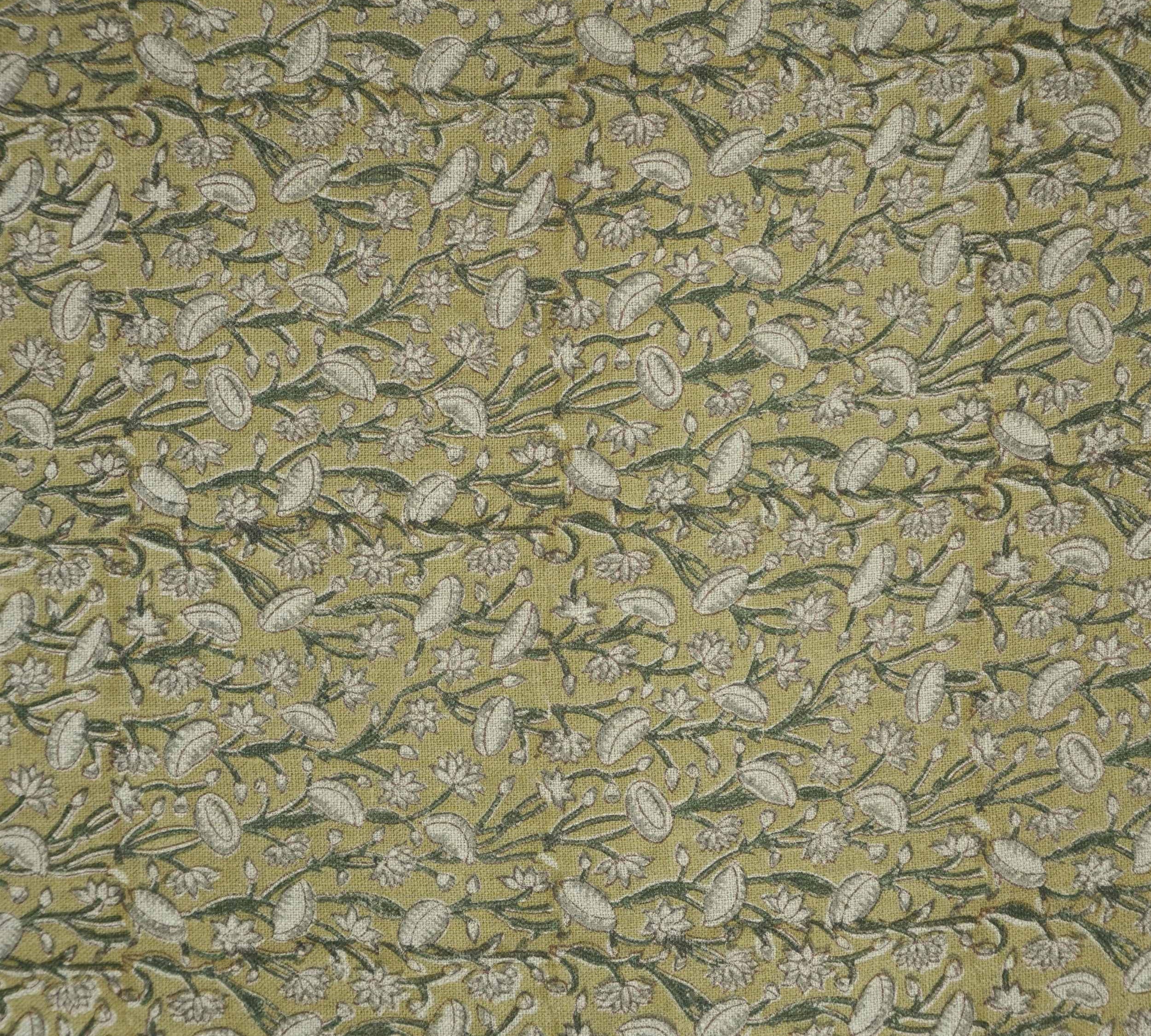 Handmade Heavy Linen Floral Pillow Fabric in Green & Mustard