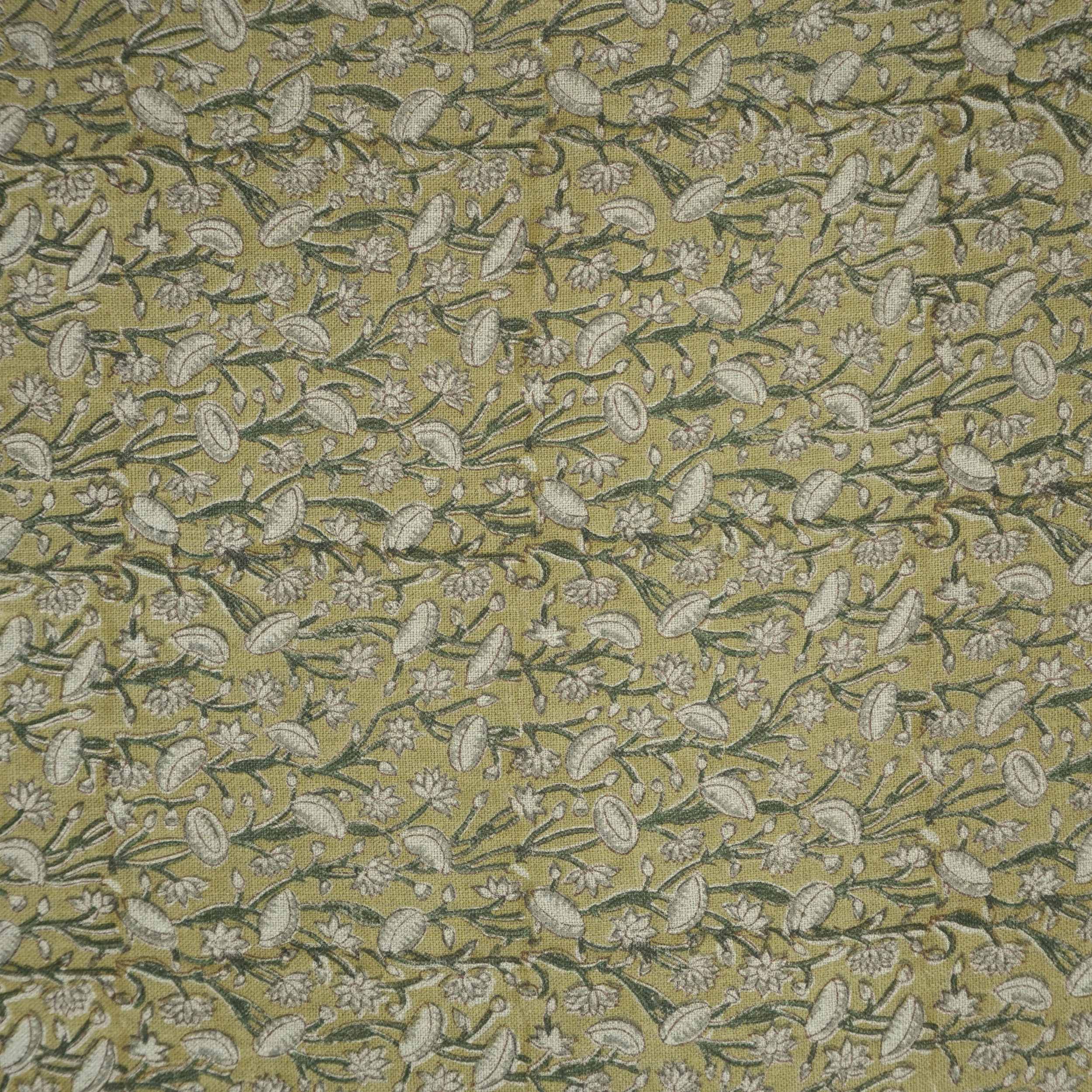Handmade Heavy Linen Floral Pillow Fabric in Green & Mustard