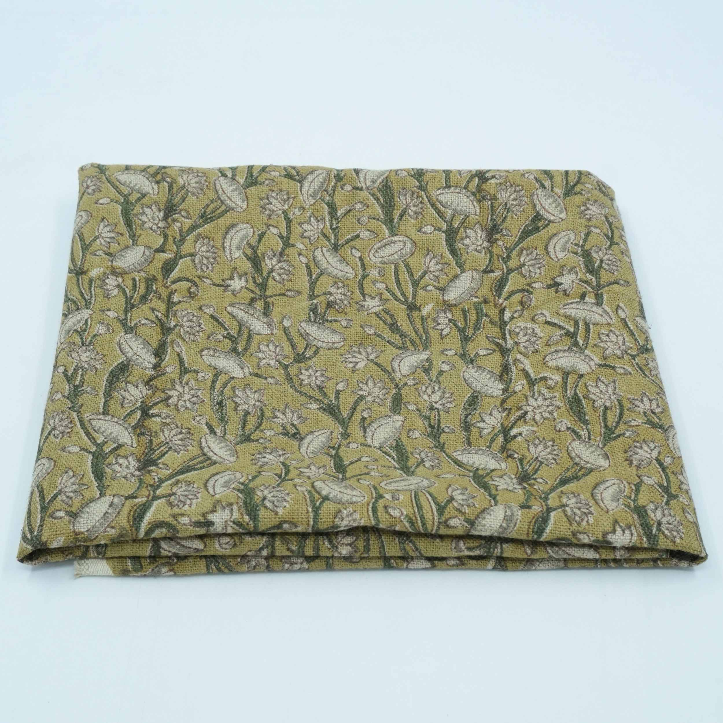 Handmade Heavy Linen Floral Pillow Fabric in Green & Mustard