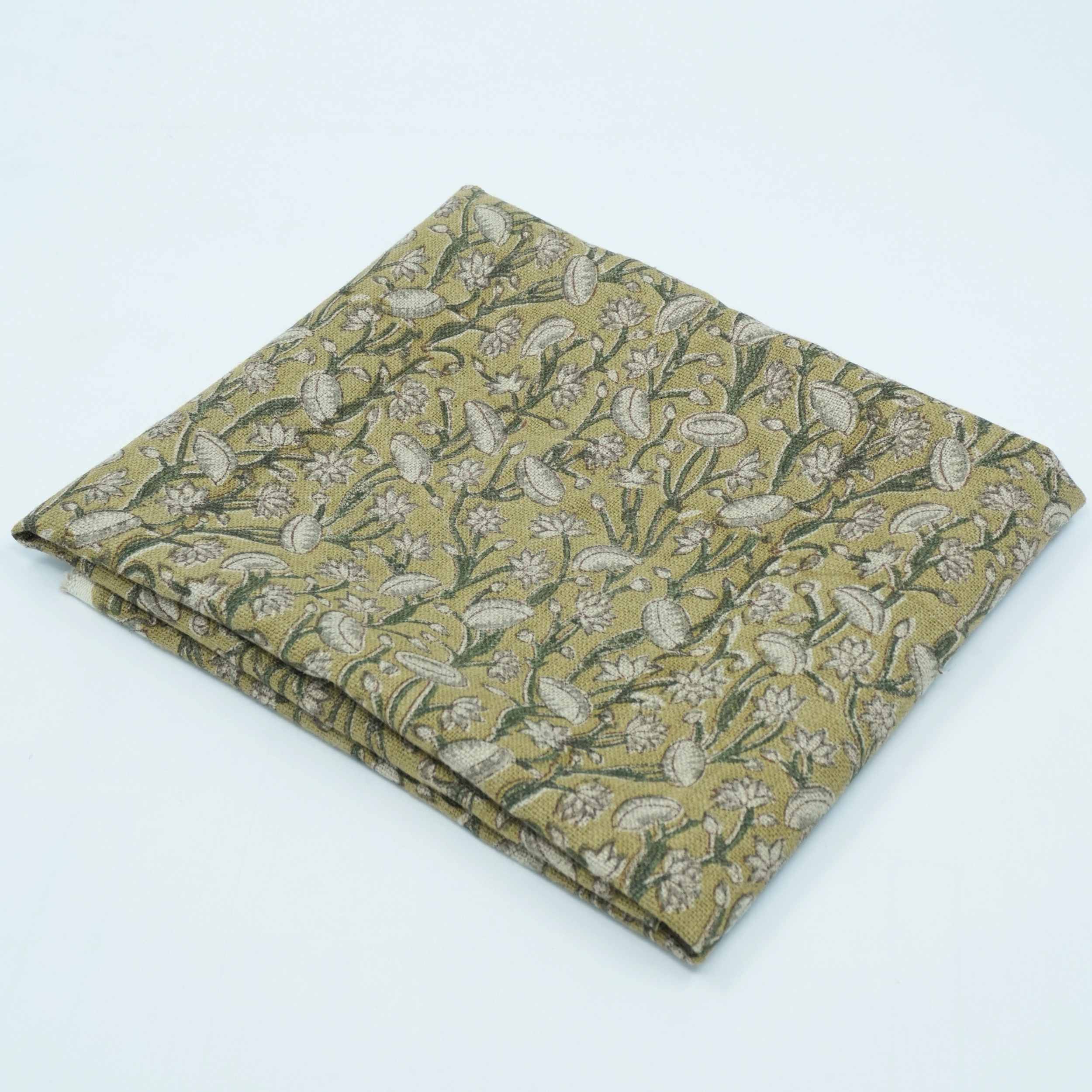 Handmade Heavy Linen Floral Pillow Fabric in Green & Mustard