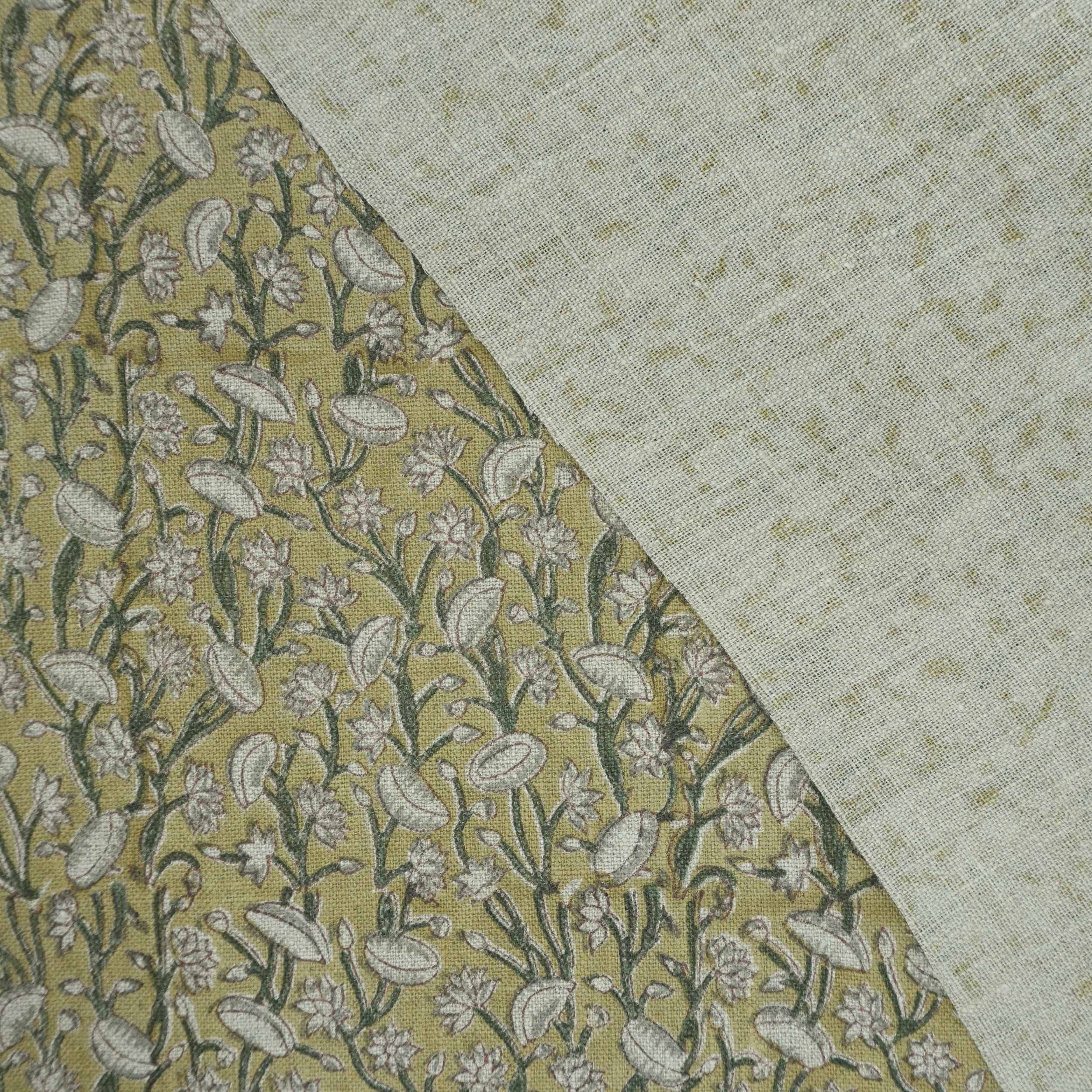 Handmade Heavy Linen Floral Pillow Fabric in Green & Mustard