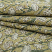Handmade Heavy Linen Floral Pillow Fabric in Green & Mustard