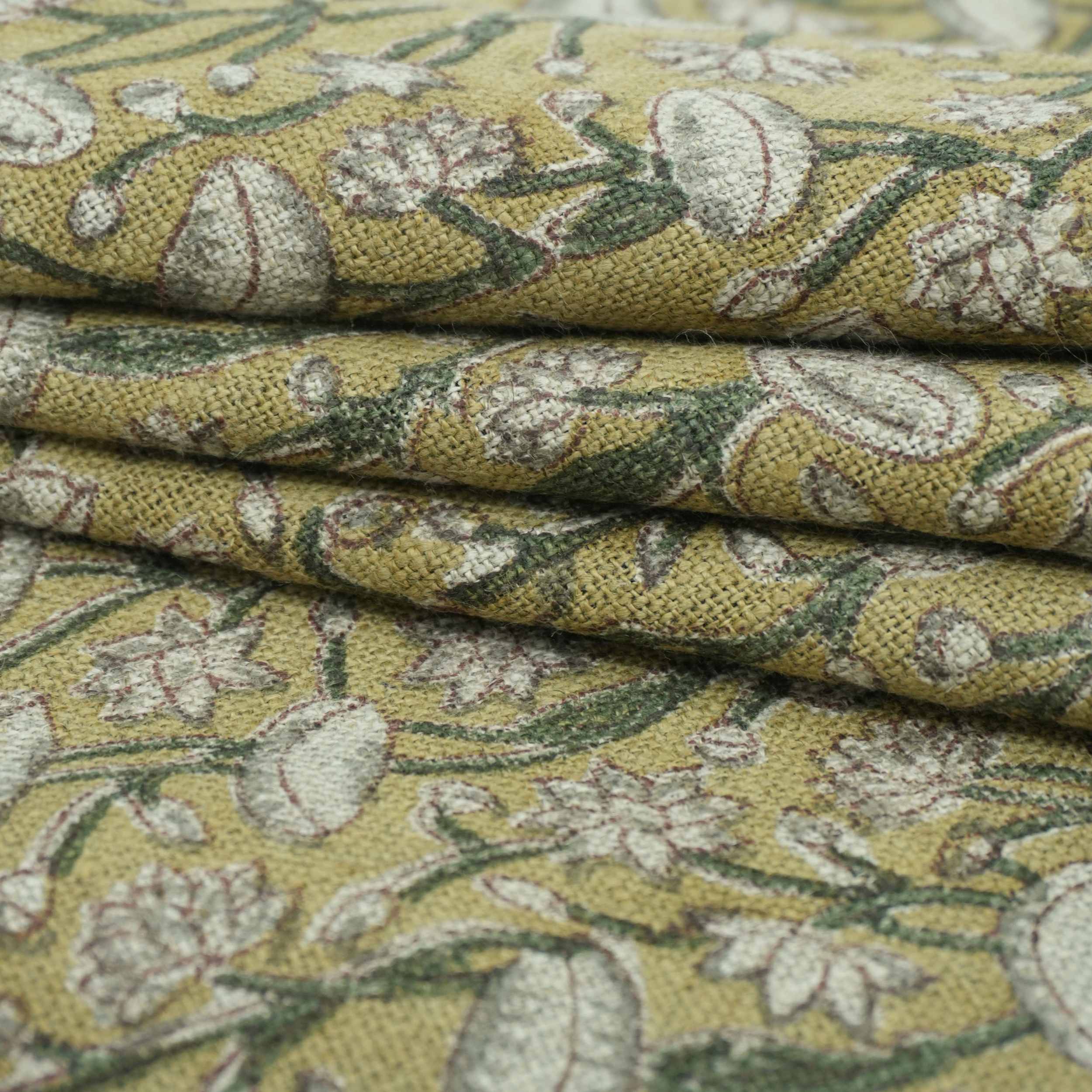 Handmade Heavy Linen Floral Pillow Fabric in Green & Mustard