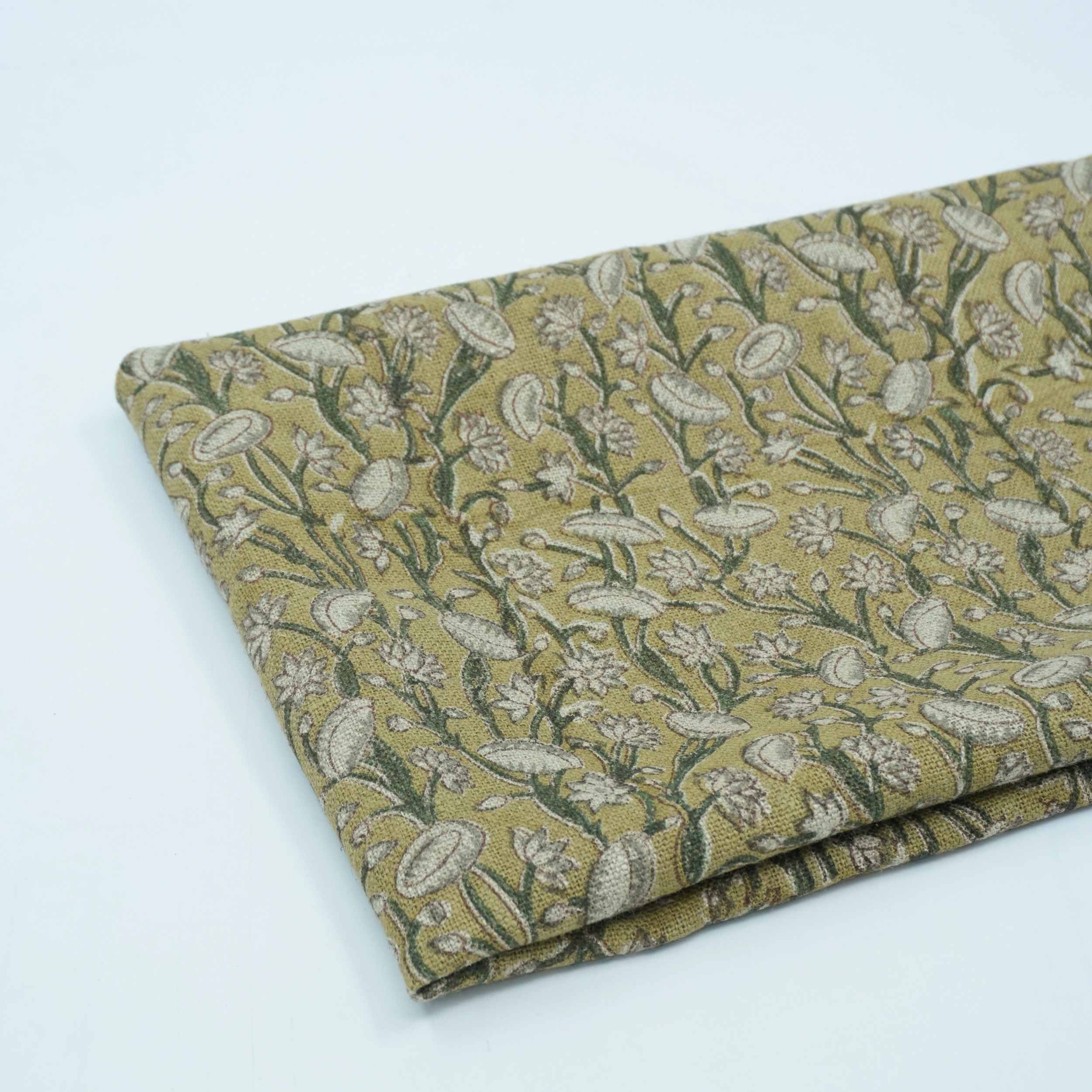 Handmade Heavy Linen Floral Pillow Fabric in Green & Mustard