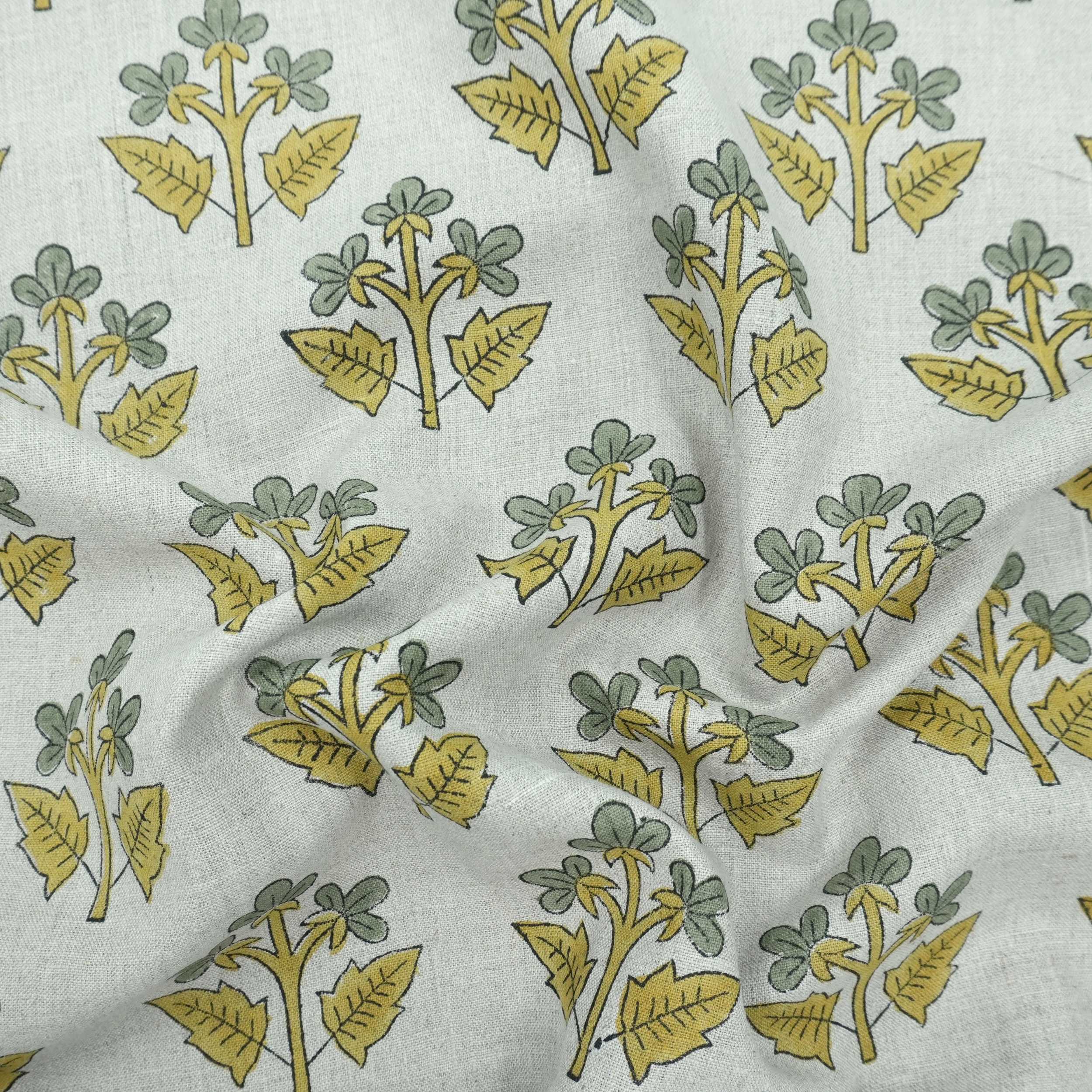 Indian Handmade Gray Yellow Floral Linen Cushion Fabric - Chahat
