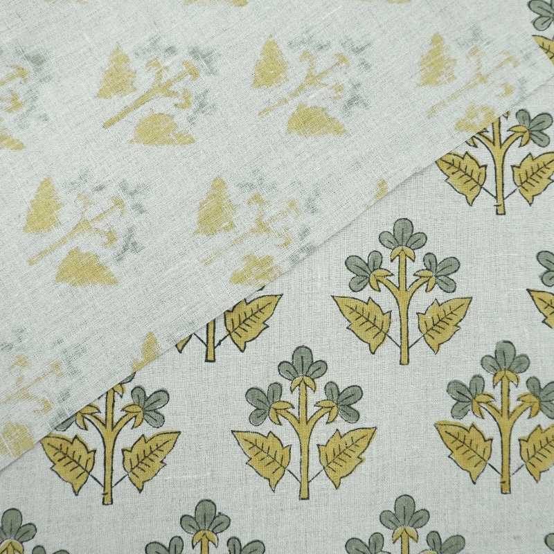 Indian Handmade Gray Yellow Floral Linen Cushion Fabric - Chahat